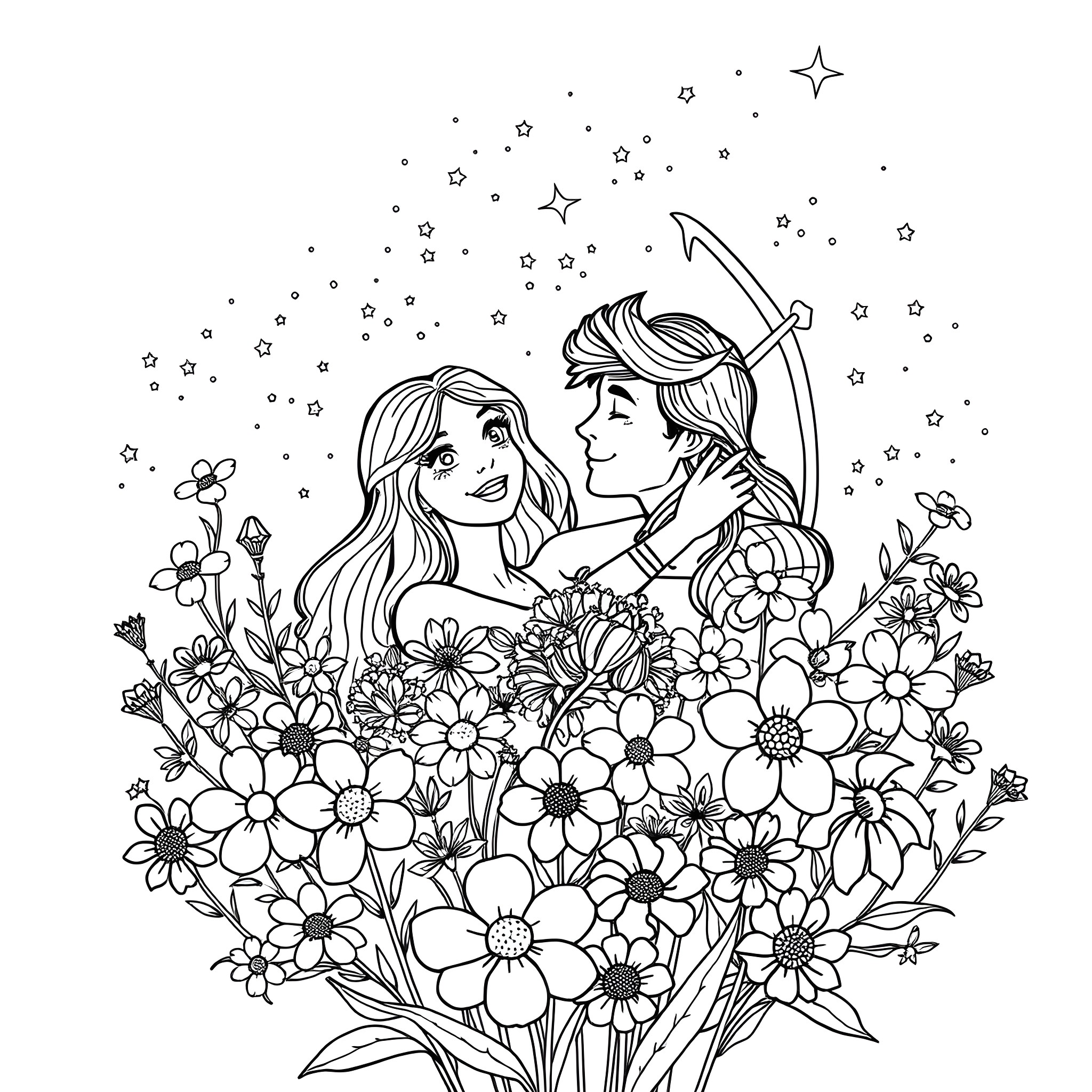 Sagittarius couple in a field of flowers Coloring Page (free black-and-white line drawing printable PDF for all, from beginners to advanced learners, including children, teens, adults, and seniors)
