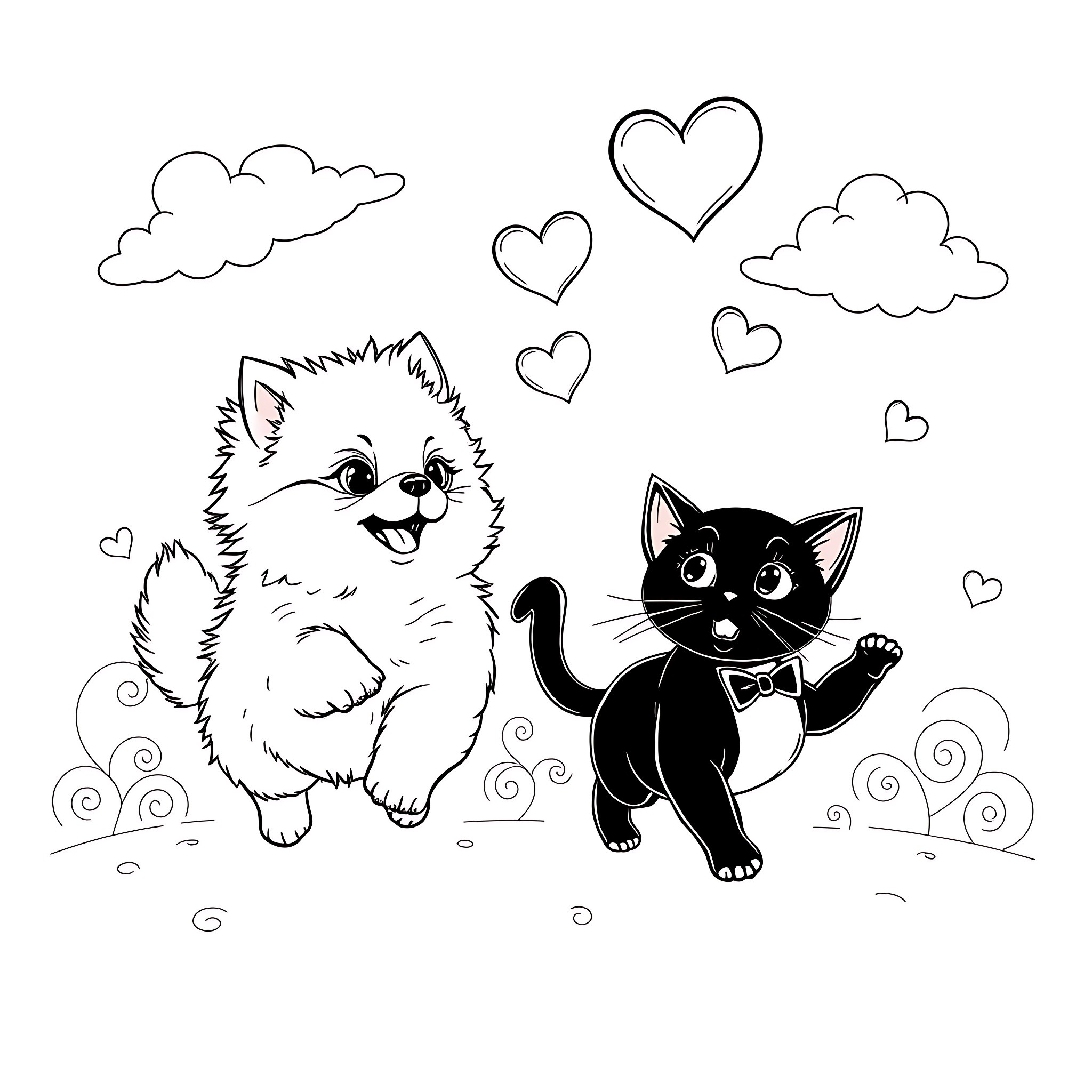 Pomeranian and black cat playing happily together Coloring Page (free black-and-white line drawing printable PDF for all, from beginners to advanced learners, including children, teens, adults, and seniors)