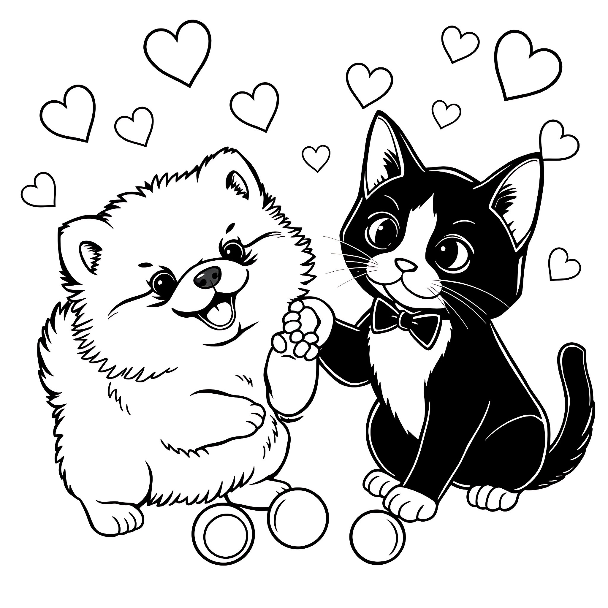 Pomeranian and Kitten Playing Affectionately with Hearts Coloring Page (free black-and-white line drawing printable PDF for all, from beginners to advanced learners, including children, teens, adults, and seniors)