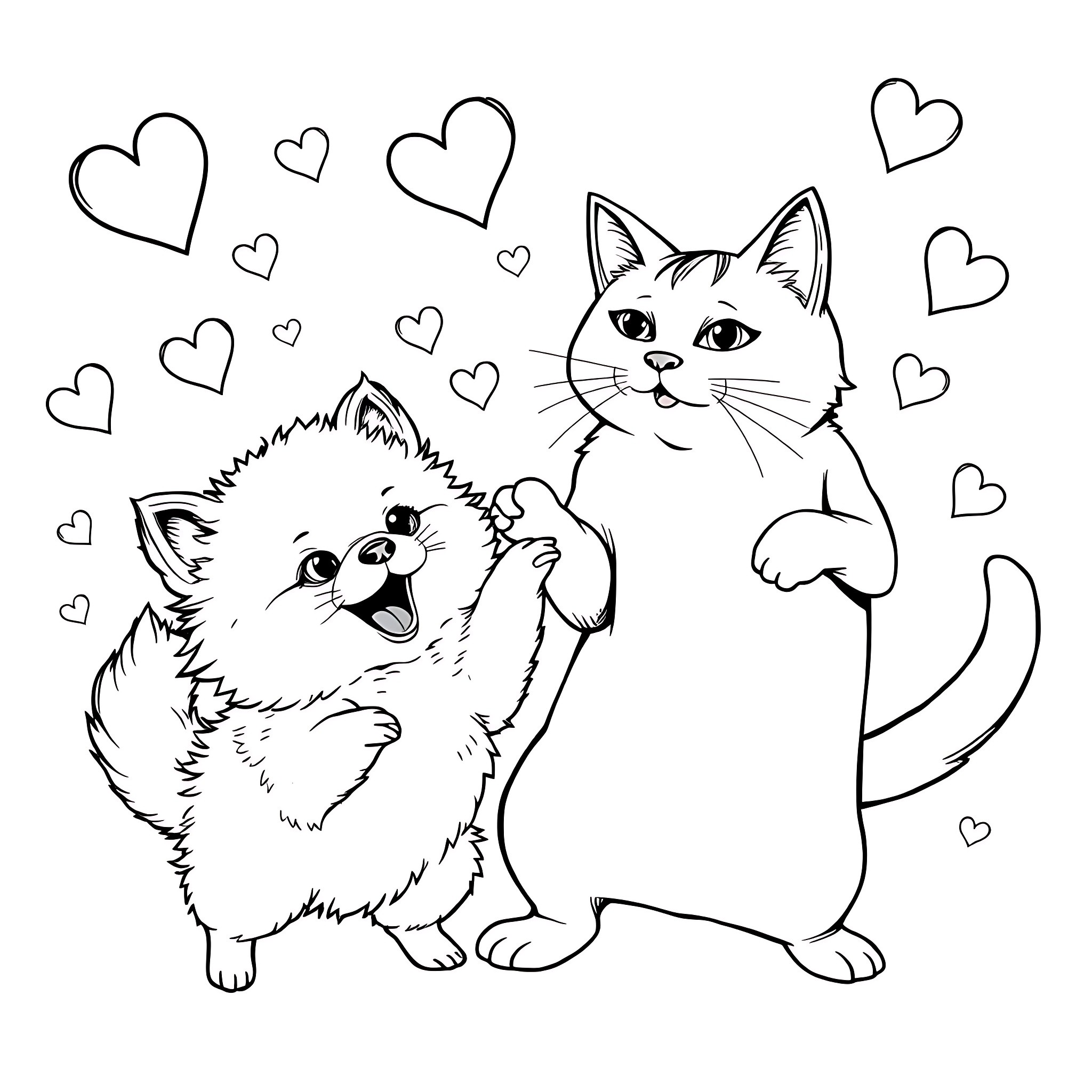 Pomeranian puppies playing with hearts Coloring Page (free black-and-white line drawing printable PDF for all, from beginners to advanced learners, including children, teens, adults, and seniors)