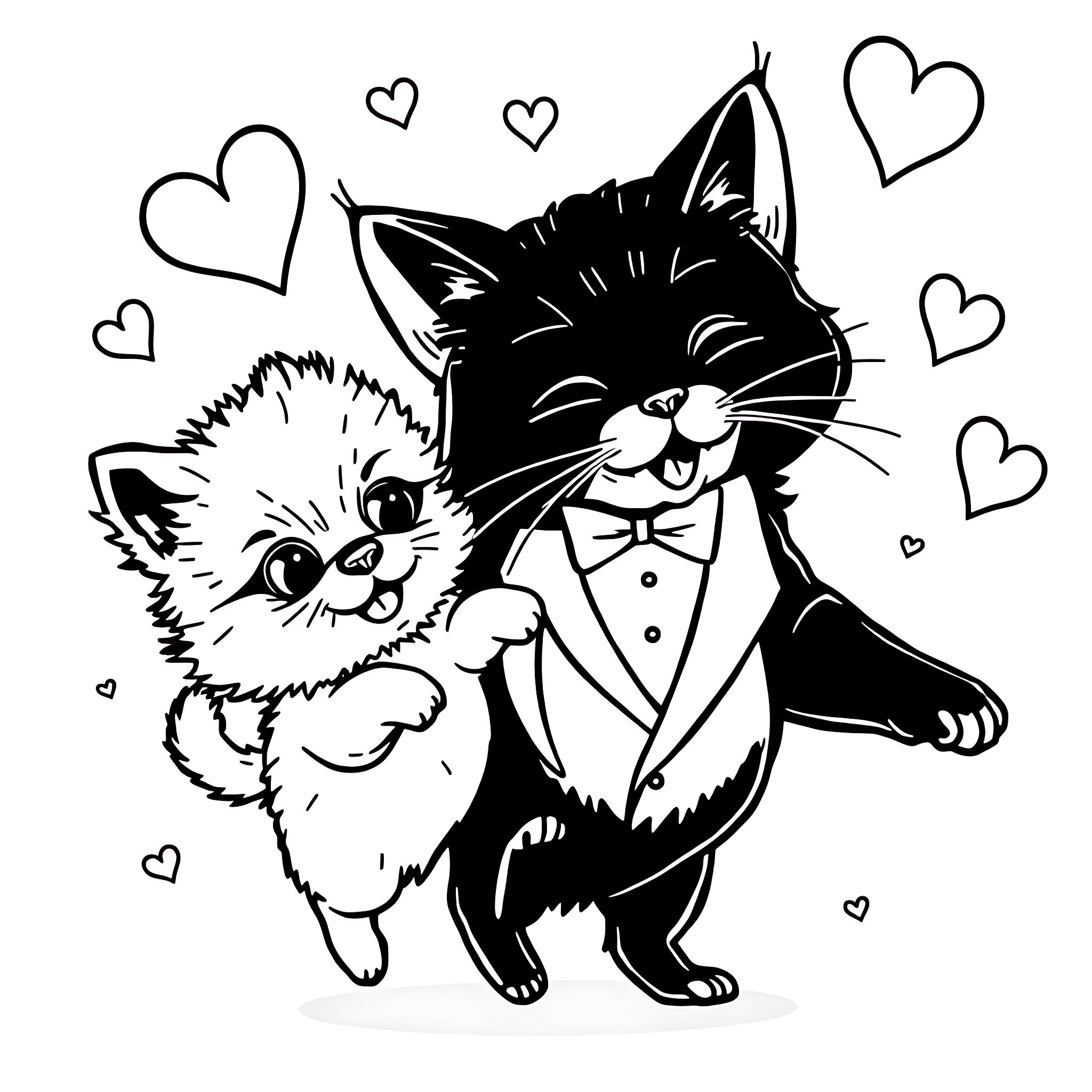 Pomeranian Wearing Tuxedo with Smiling Cats Coloring Page (free black-and-white line drawing printable PDF for all, from beginners to advanced learners, including children, teens, adults, and seniors)