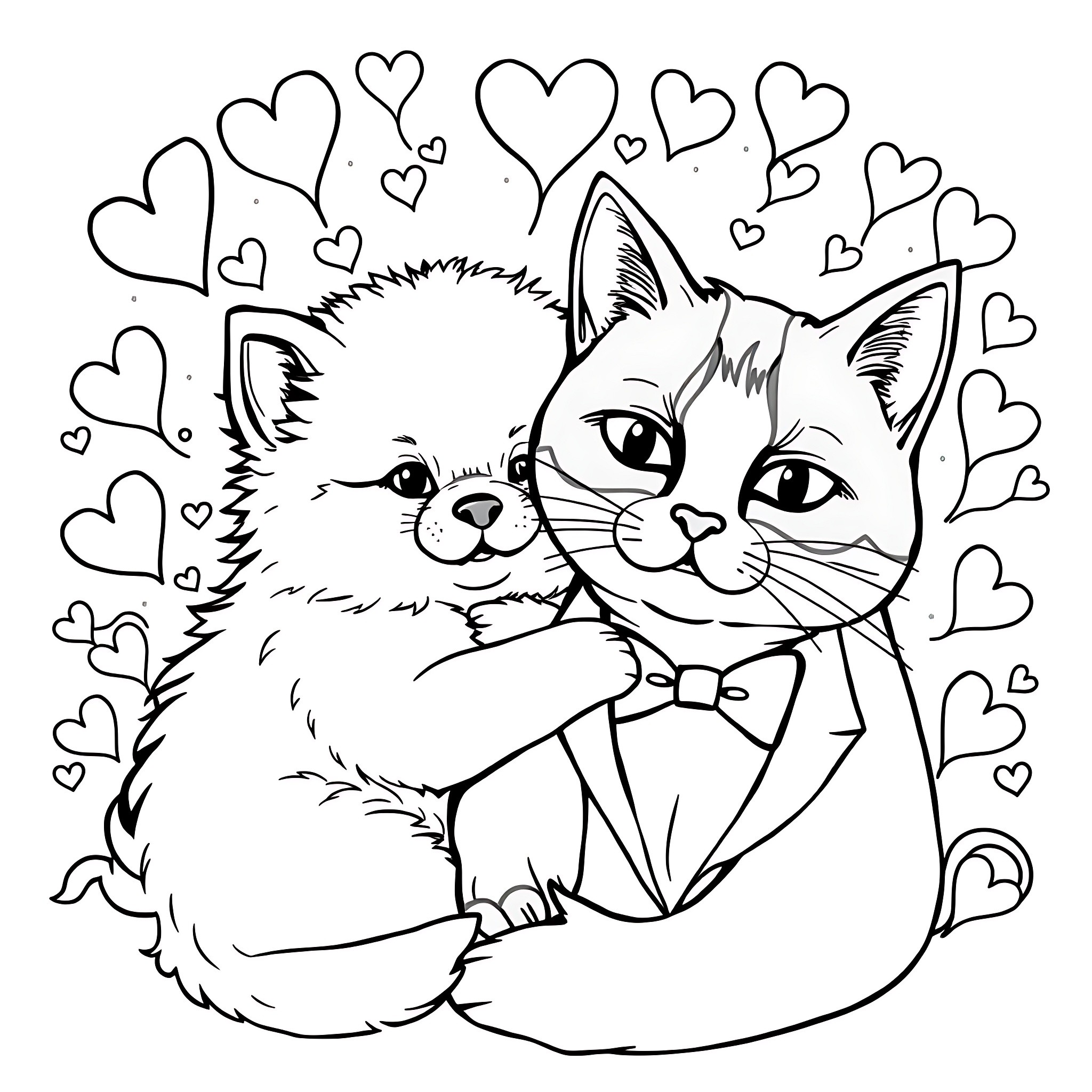 Puppy and kitty cuddling with hearts Coloring Page (free black-and-white line drawing printable PDF for all, from beginners to advanced learners, including children, teens, adults, and seniors)