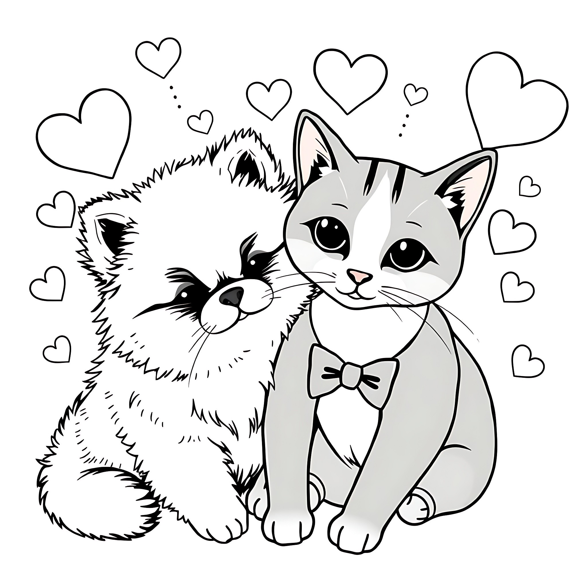 Pomeranian puppies surrounded by hearts Coloring Page (free black-and-white line drawing printable PDF for all, from beginners to advanced learners, including children, teens, adults, and seniors)