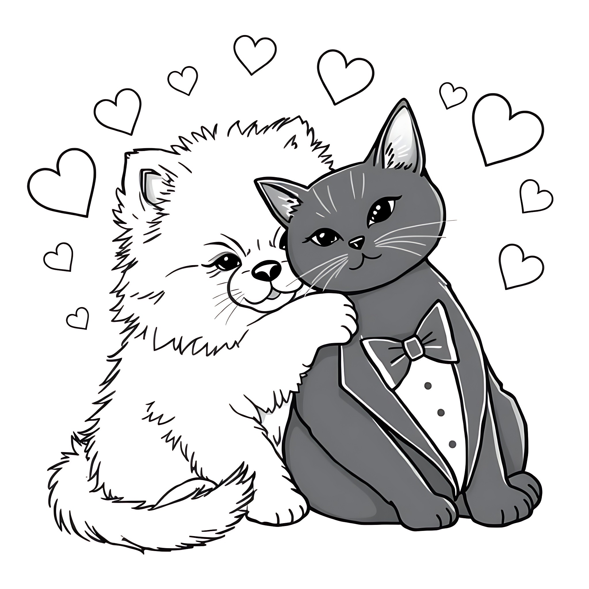 Puppy and Kitty in Love Coloring Page (free black-and-white line drawing printable PDF for all, from beginners to advanced learners, including children, teens, adults, and seniors)