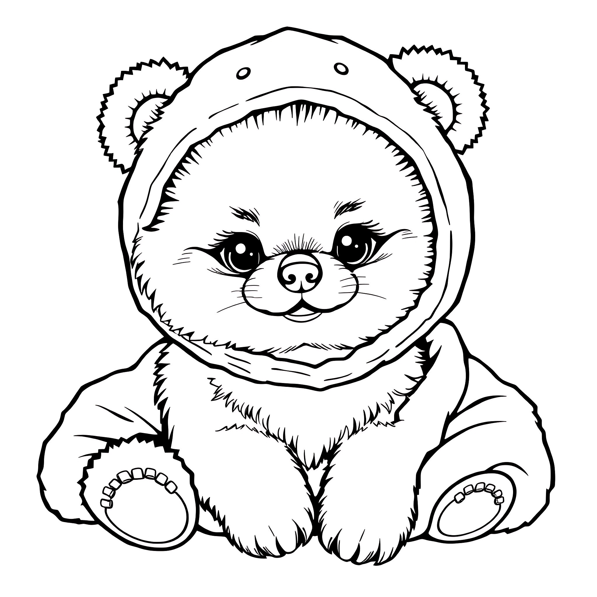 Pomeranian puppy in hooded coat Coloring Page (free black-and-white line drawing printable PDF for all, from beginners to advanced learners, including children, teens, adults, and seniors)