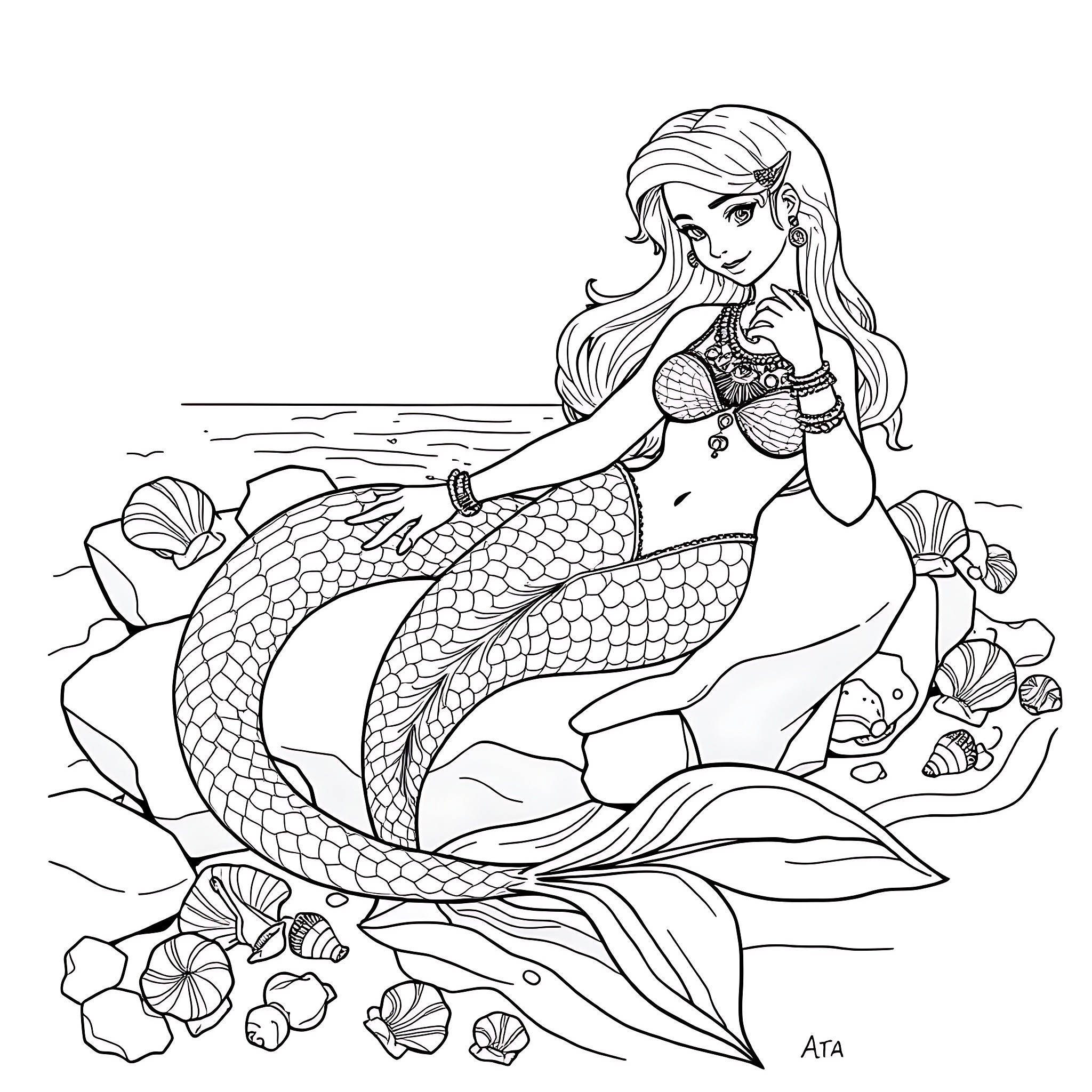 Mermaid gracefully resting on the ocean floor Coloring Page (free black-and-white line drawing printable PDF for all, from beginners to advanced learners, including children, teens, adults, and seniors)