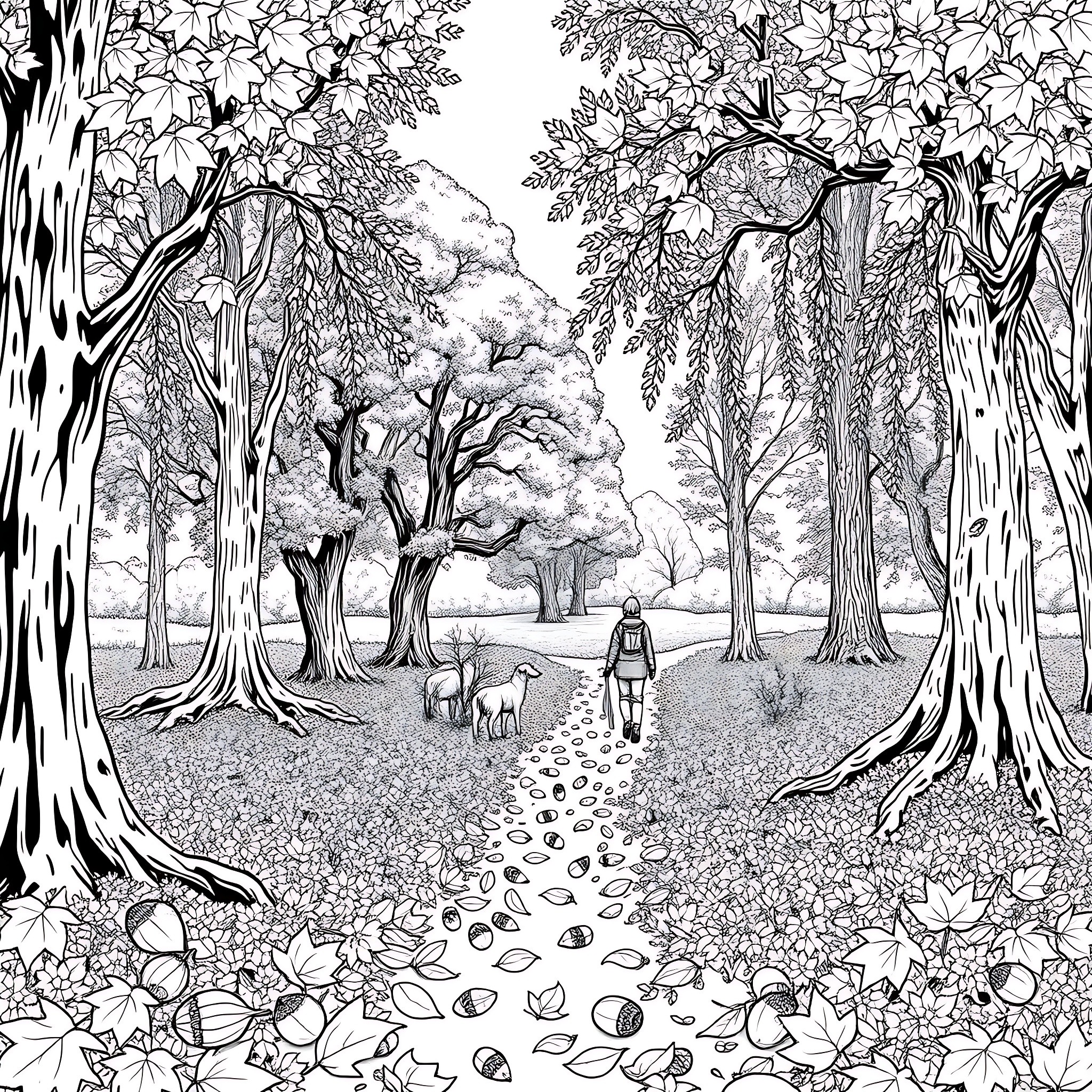 Leaf-filled Forest Path with Wandering Figure Coloring Page (free black-and-white line drawing printable PDF for all, from beginners to advanced learners, including children, teens, adults, and seniors)