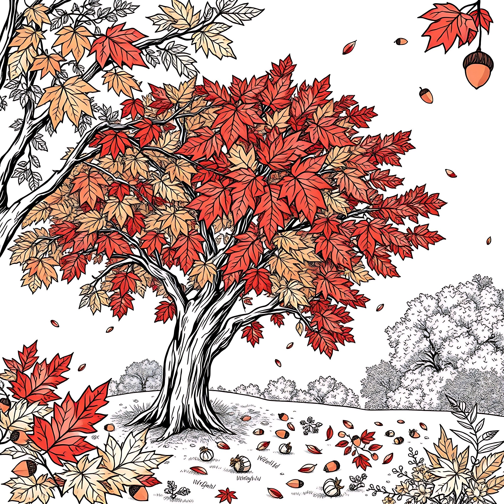 Leaf-Covered Autumn Tree with Fallen Foliage Coloring Page (free black-and-white line drawing printable PDF for all, from beginners to advanced learners, including children, teens, adults, and seniors)