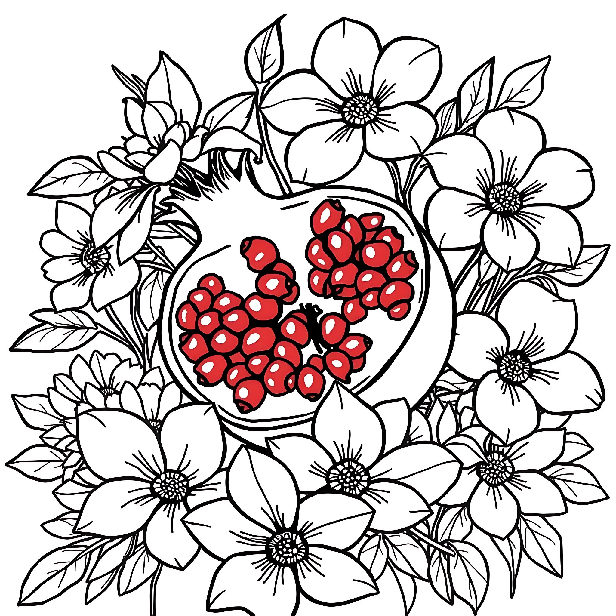 Pomegranate Blooms and Flowers Coloring Page (free black-and-white line drawing printable PDF for all, from beginners to advanced learners, including children, teens, adults, and seniors)