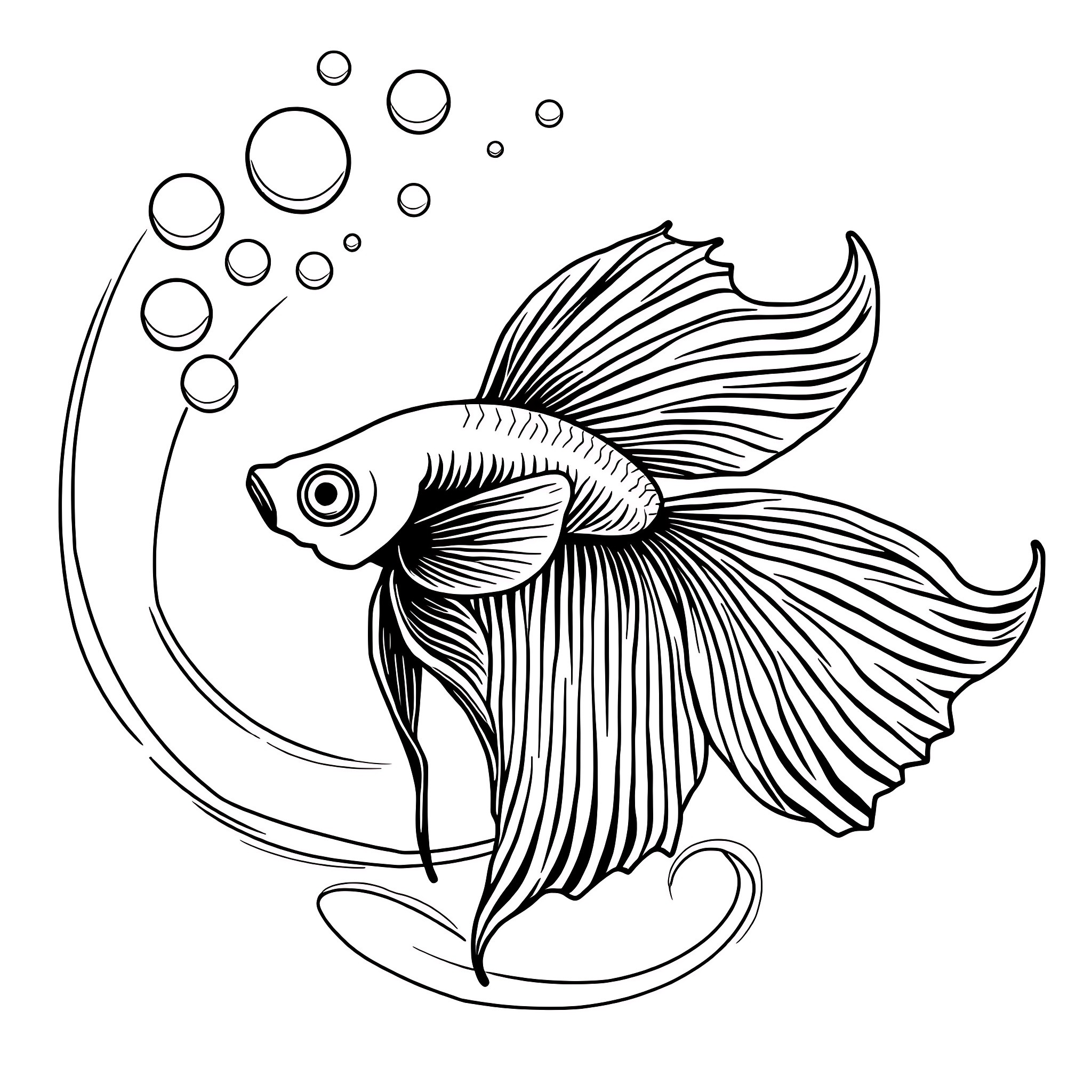 Betta Fish Swimming Gracefully in Underwater Bubbles Coloring Page (free black-and-white line drawing printable PDF for all, from beginners to advanced learners, including children, teens, adults, and seniors)