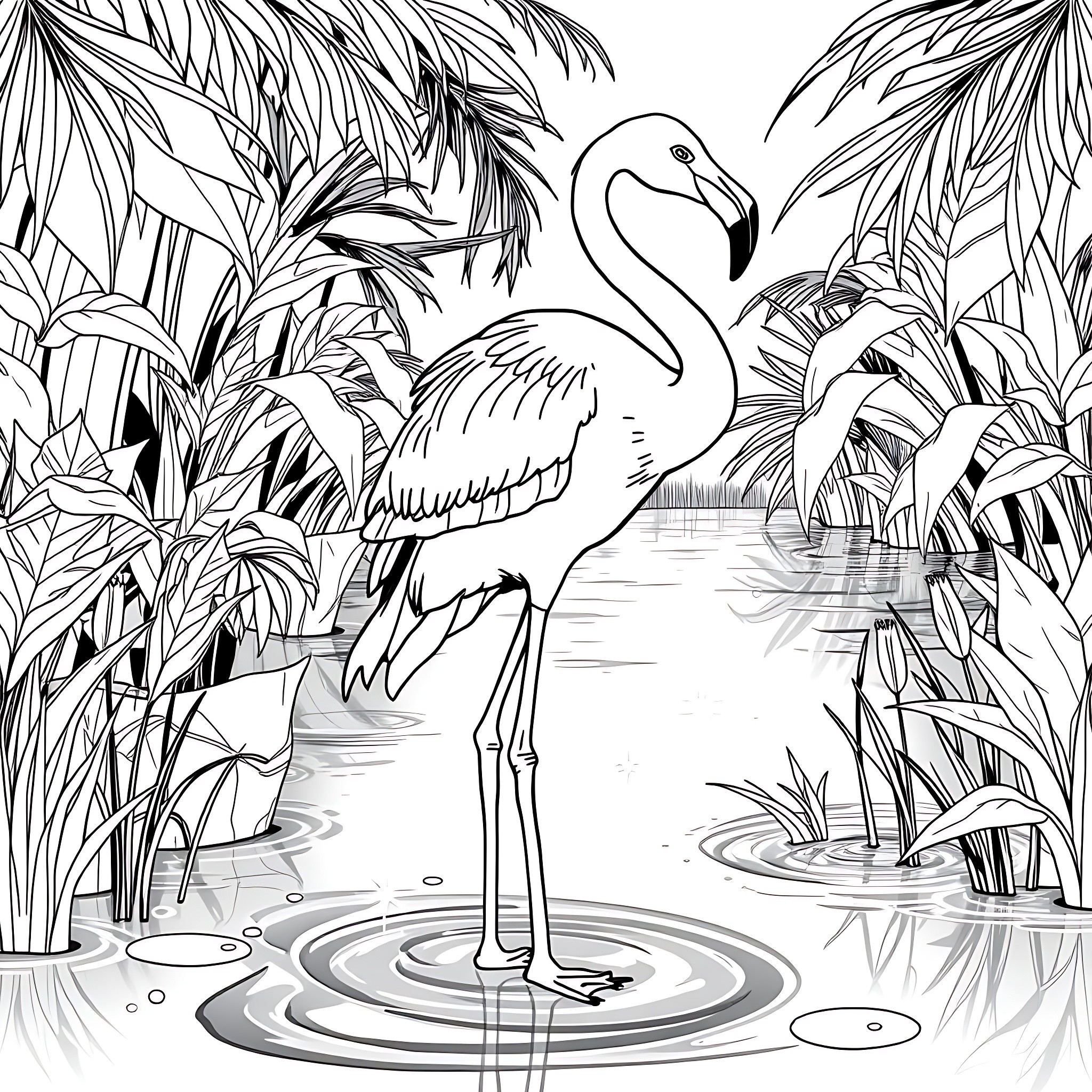 Flamingo Standing Gracefully in Tropical Foliage Coloring Page (free black-and-white line drawing printable PDF for all, from beginners to advanced learners, including children, teens, adults, and seniors)
