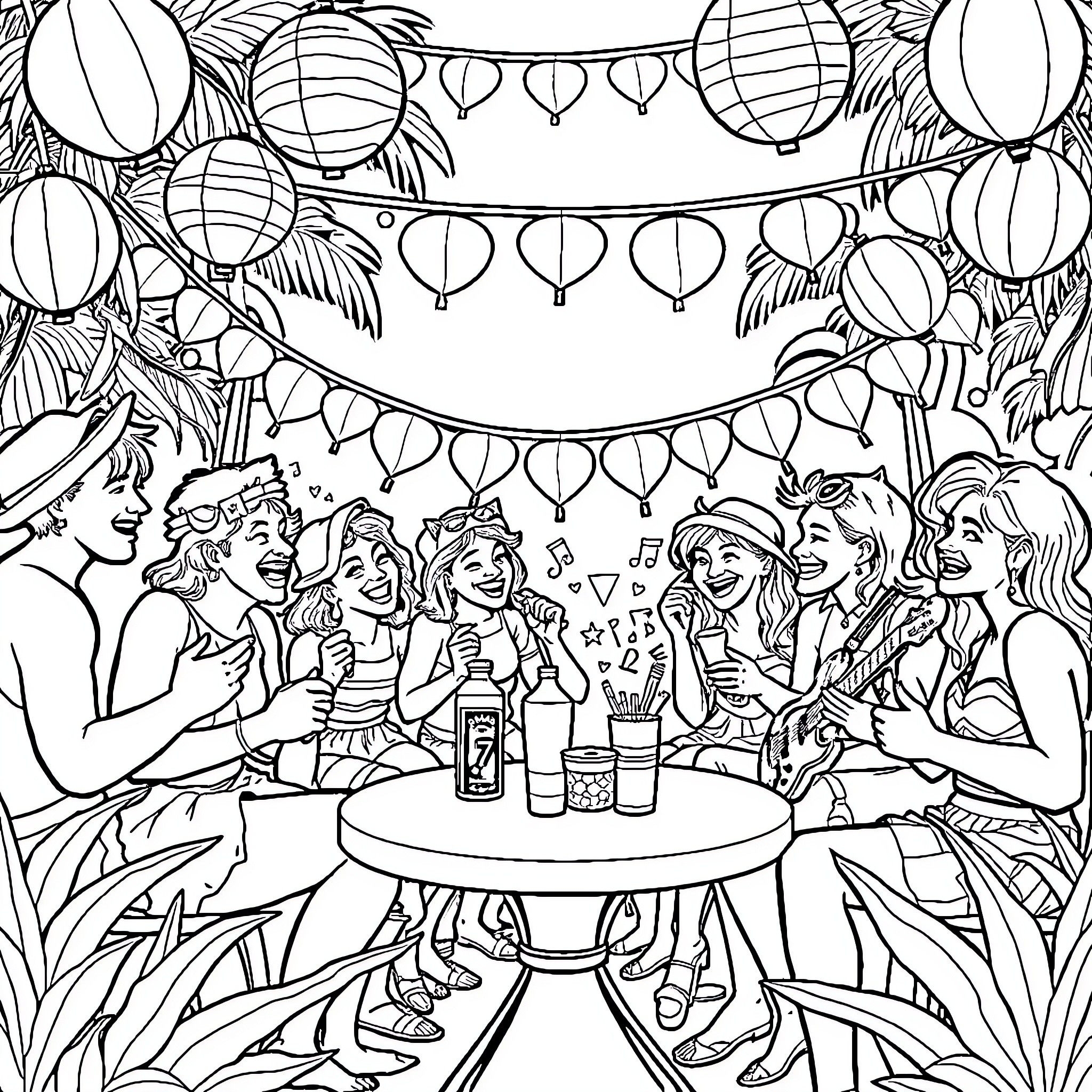 Labubu's Festive Celebration with Friends Coloring Page (free black-and-white line drawing printable PDF for all, from beginners to advanced learners, including children, teens, adults, and seniors)