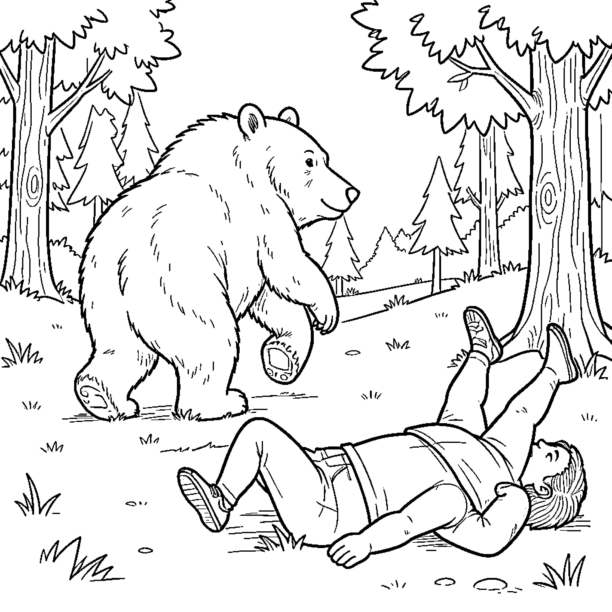 Bear exploring the forest with a human Coloring Page (free black-and-white line drawing printable PDF for all, from beginners to advanced learners, including children, teens, adults, and seniors)