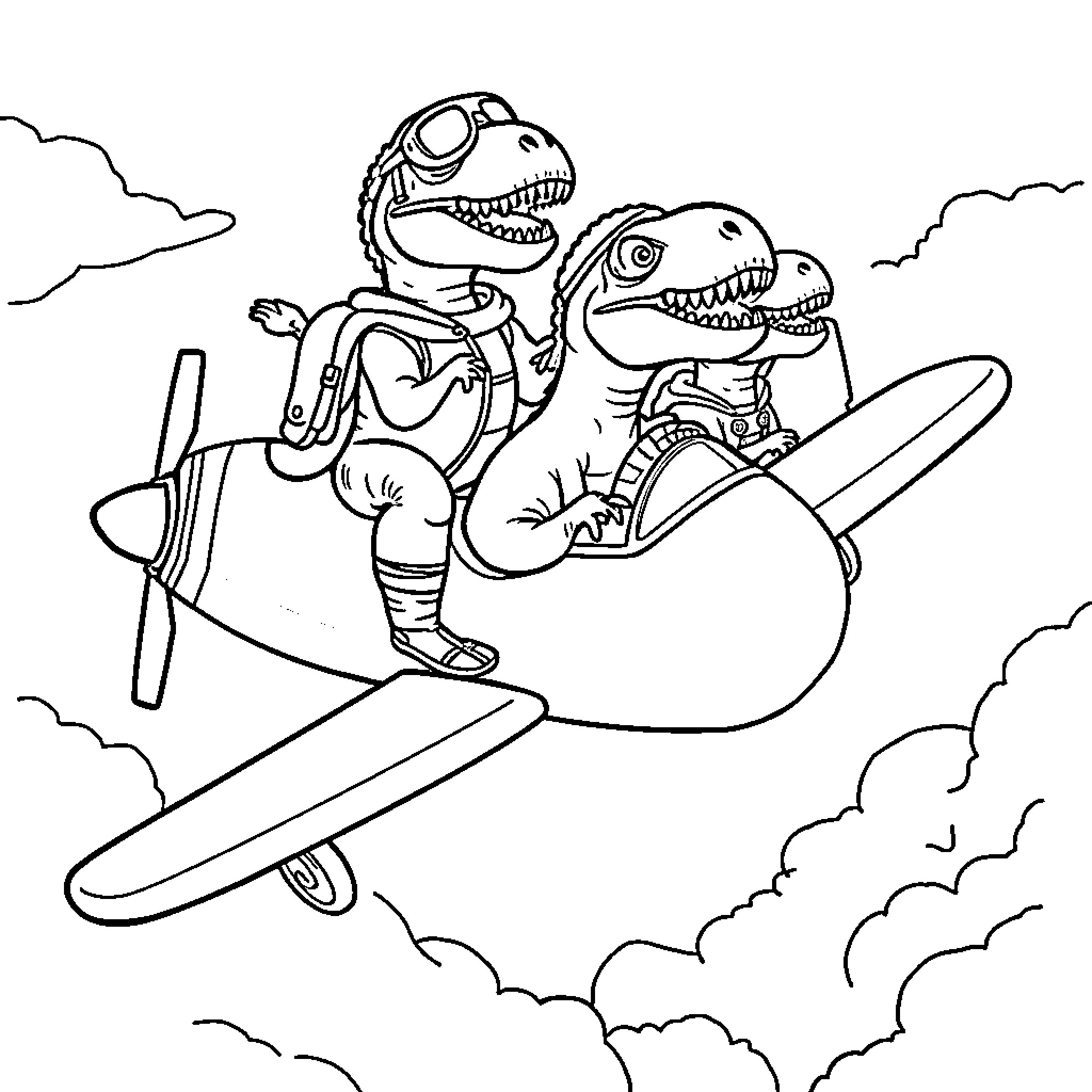 Dinosaur Pilots Flying Plane in Sky Coloring Page (free black-and-white line drawing printable PDF for all, from beginners to advanced learners, including children, teens, adults, and seniors)