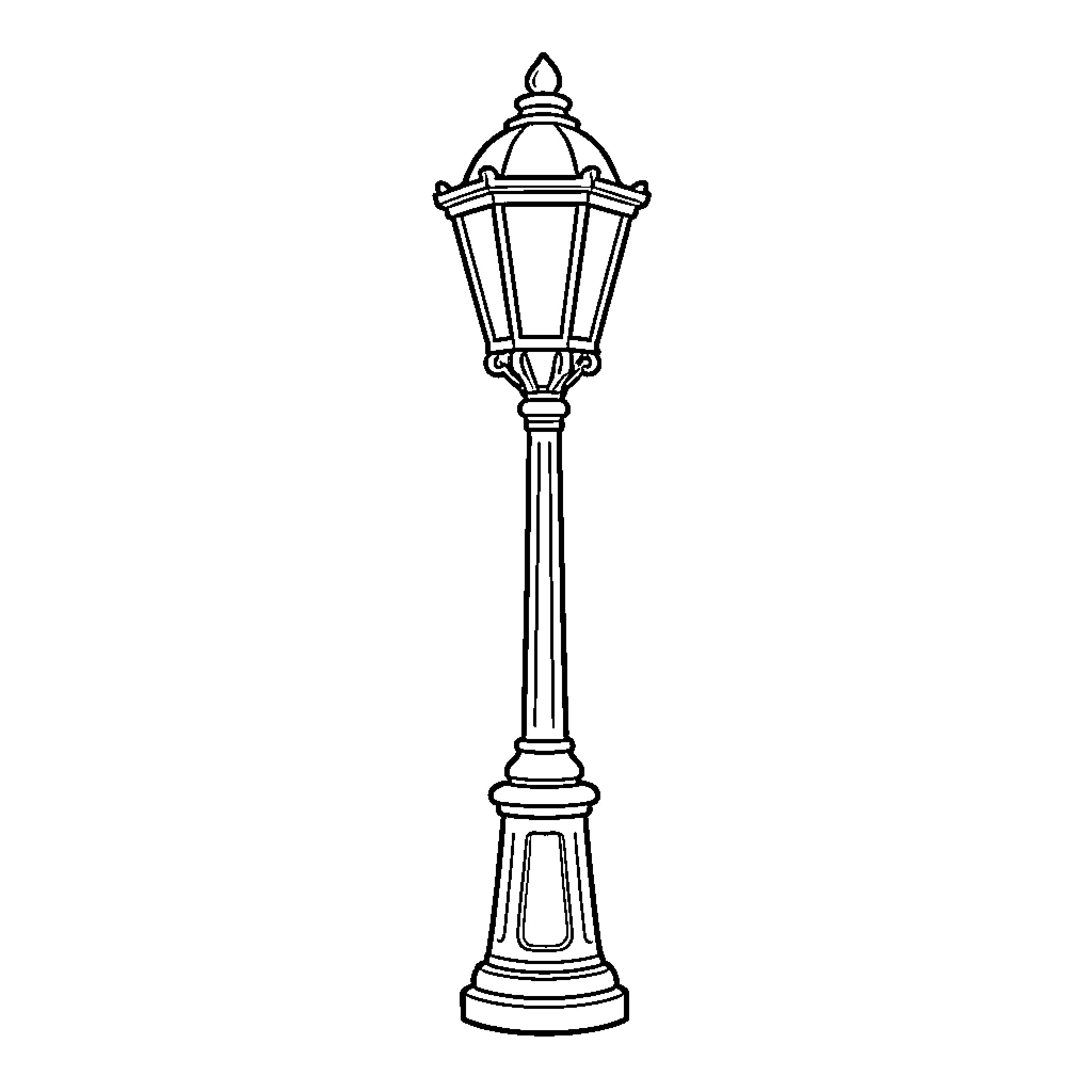 Street Light standing tall on a decorative pedestal Coloring Page (free black-and-white line drawing printable PDF for all, from beginners to advanced learners, including children, teens, adults, and seniors)