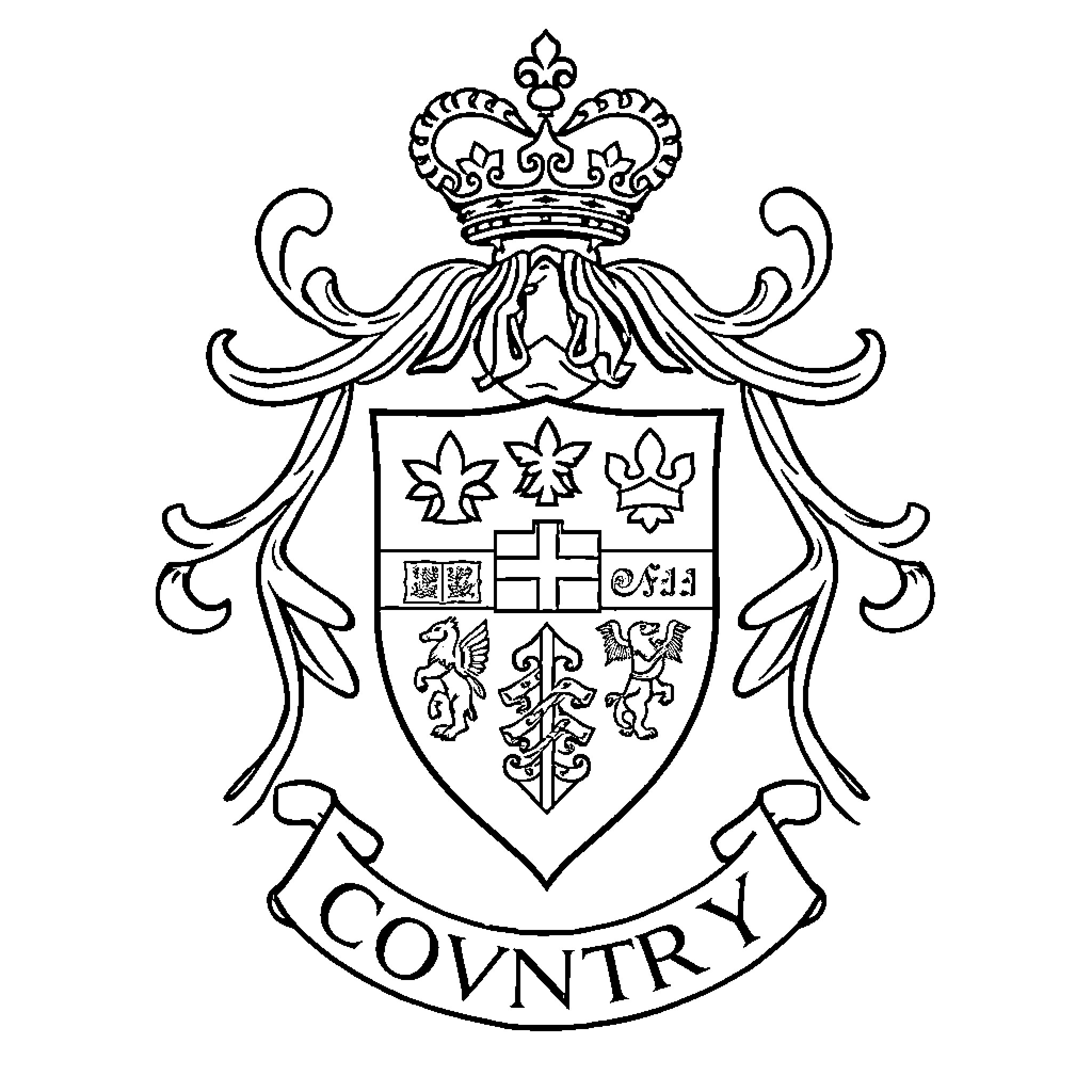 Coat of Arms with Ornate Heraldic Symbols and Inscription Coloring Page (free black-and-white line drawing printable PDF for all, from beginners to advanced learners, including children, teens, adults, and seniors)