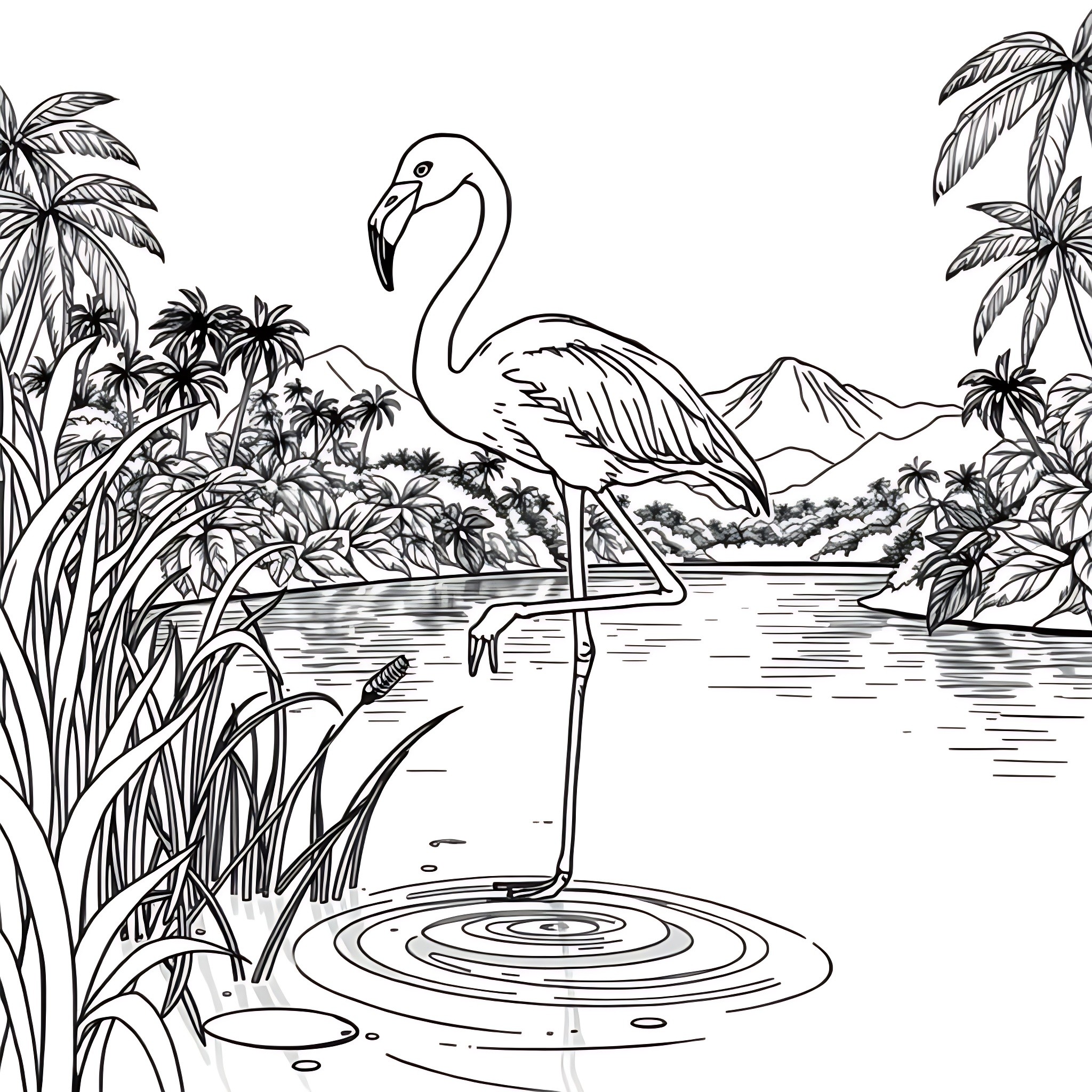 Flamingo standing elegantly in tropical landscape Coloring Page (free black-and-white line drawing printable PDF for all, from beginners to advanced learners, including children, teens, adults, and seniors)