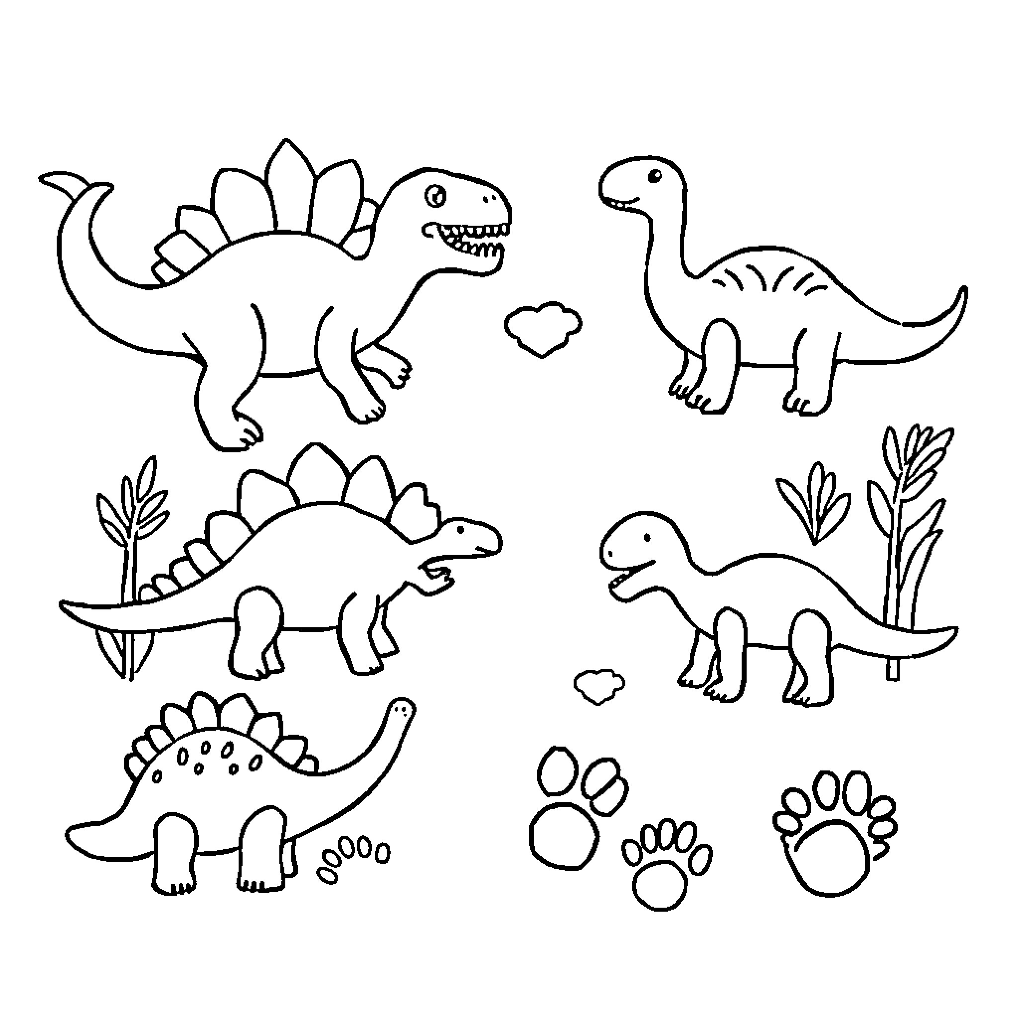 Dinosaur characters in simple outline drawings Coloring Page (free black-and-white line drawing printable PDF for all, from beginners to advanced learners, including children, teens, adults, and seniors)