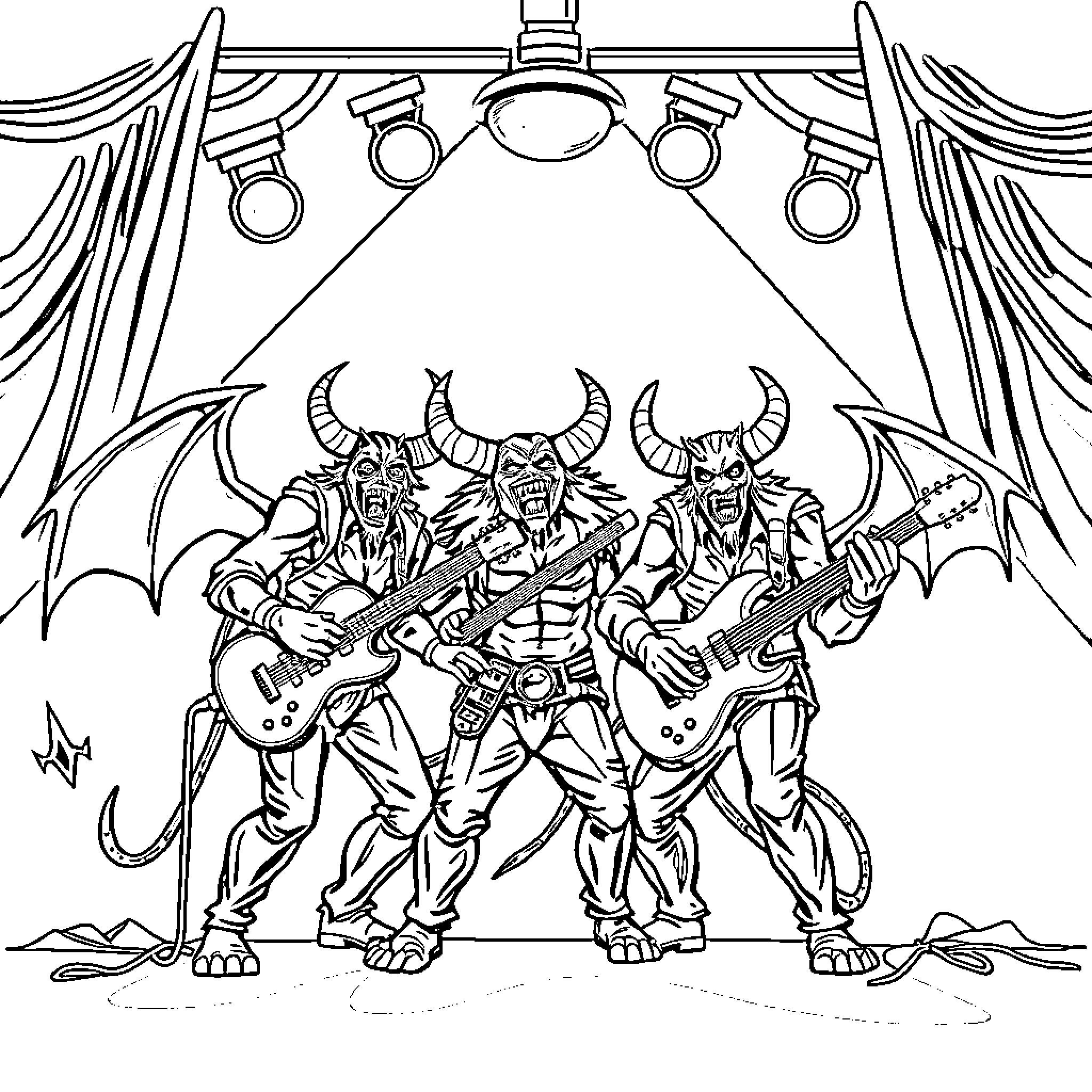 Demon Rockstars Performing on Stage Coloring Page (free black-and-white line drawing printable PDF for all, from beginners to advanced learners, including children, teens, adults, and seniors)