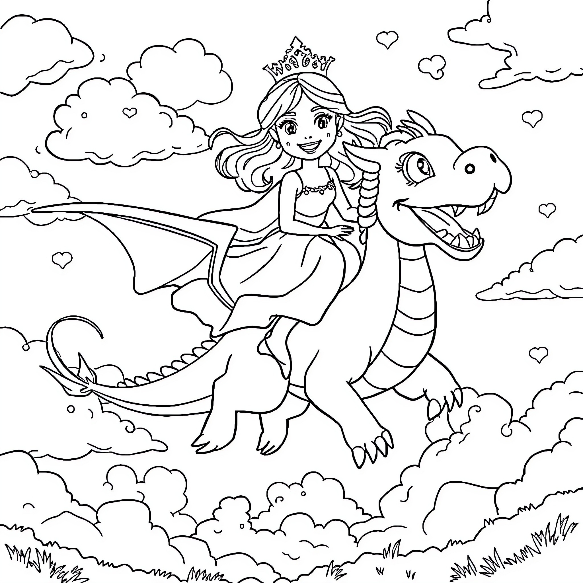 Princess riding a magical dragon in the clouds Coloring Page (free black-and-white line drawing printable PDF for all, from beginners to advanced learners, including children, teens, adults, and seniors)