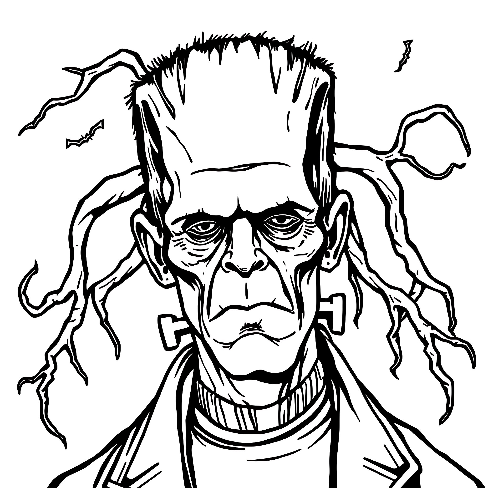 Frankenstein's Monster's Frightening Appearance Coloring Page (free black-and-white line drawing printable PDF for all, from beginners to advanced learners, including children, teens, adults, and seniors)
