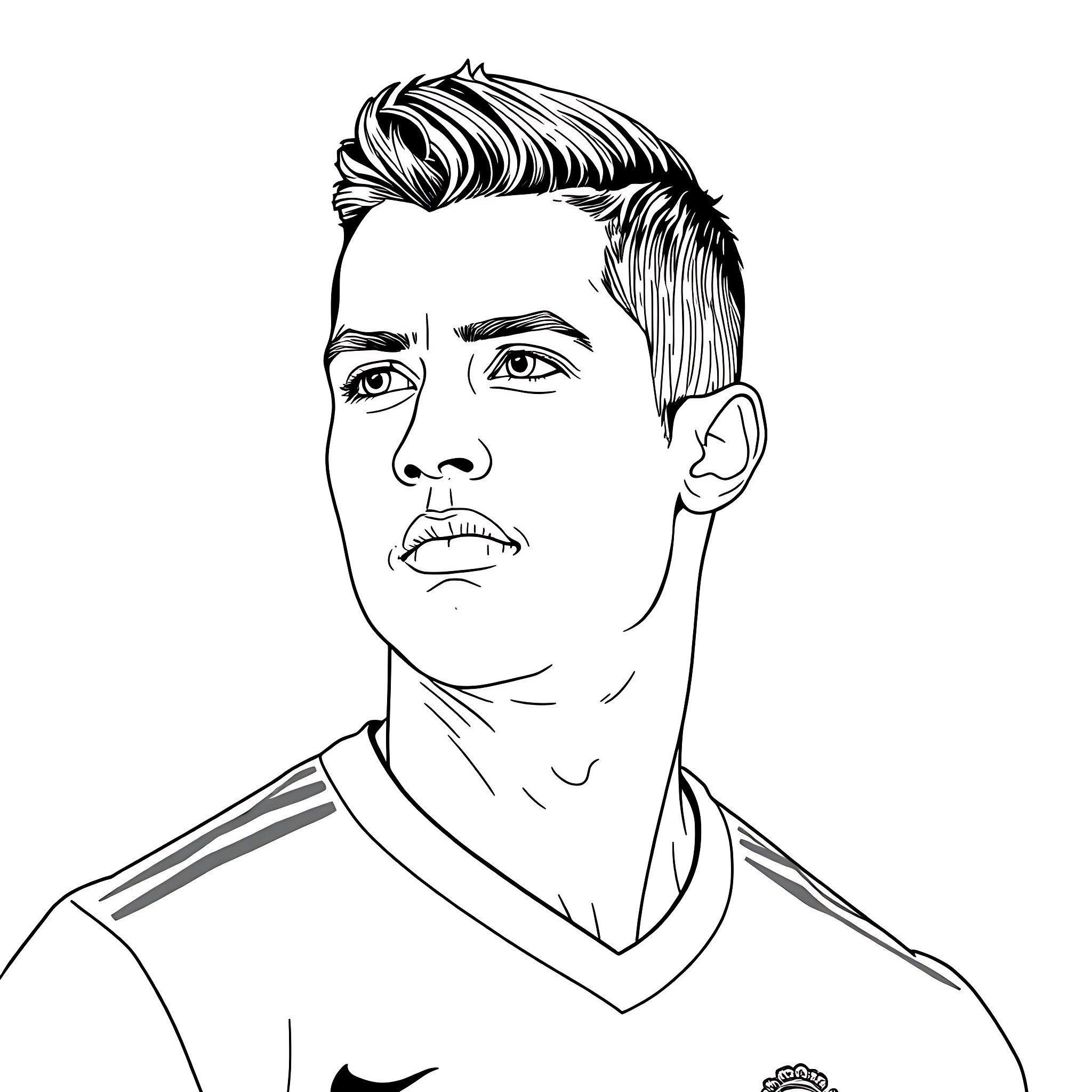 Cristiano Ronaldo in a determined expression with a sports uniform Coloring Page (free black-and-white line drawing printable PDF for all, from beginners to advanced learners, including children, teens, adults, and seniors)