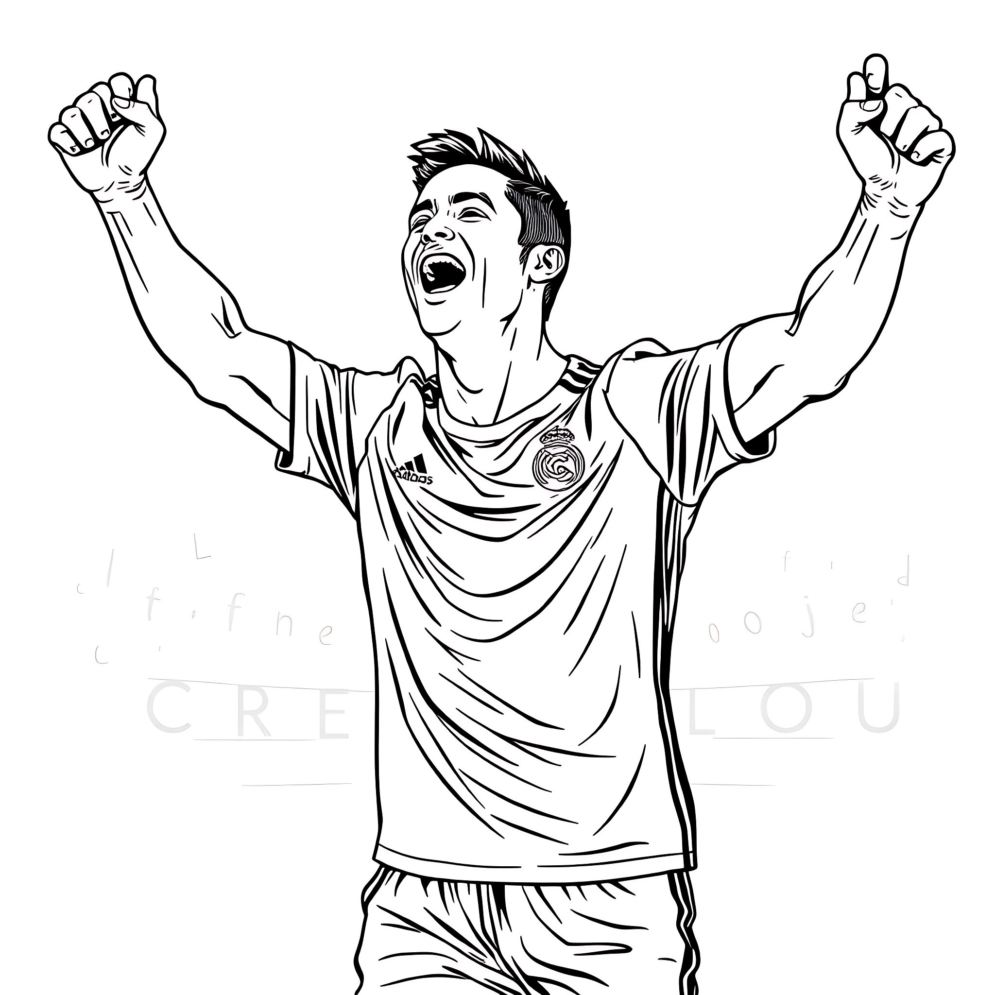 Cristiano Ronaldo celebrating a goal with arms raised Coloring Page (free black-and-white line drawing printable PDF for all, from beginners to advanced learners, including children, teens, adults, and seniors)