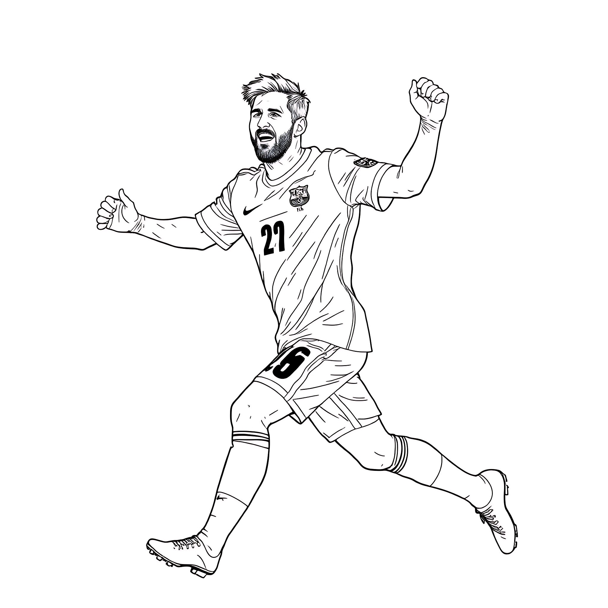 Lionel Messi celebrating a goal in soccer uniform Coloring Page (free black-and-white line drawing printable PDF for all, from beginners to advanced learners, including children, teens, adults, and seniors)