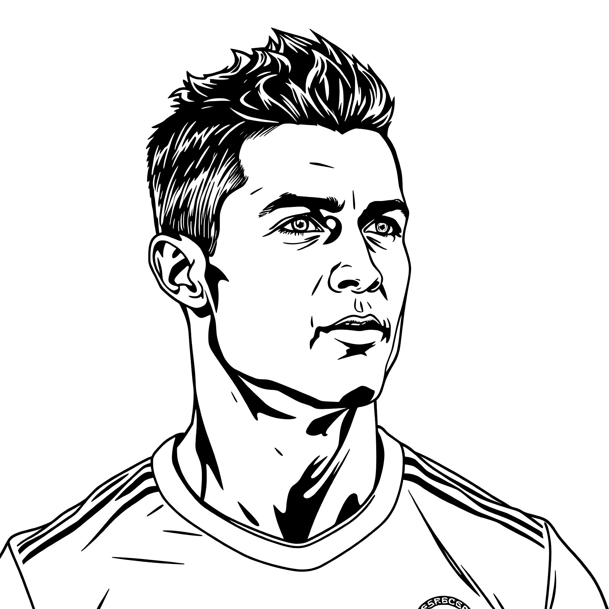Cristiano Ronaldo in intense focus Coloring Page (free black-and-white line drawing printable PDF for all, from beginners to advanced learners, including children, teens, adults, and seniors)
