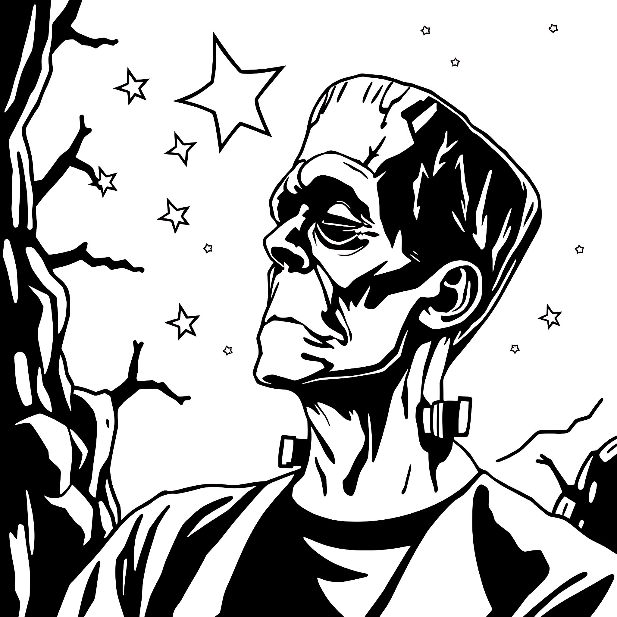 Frankenstein's Monster Gazing at the Starry Night Sky Coloring Page (free black-and-white line drawing printable PDF for all, from beginners to advanced learners, including children, teens, adults, and seniors)