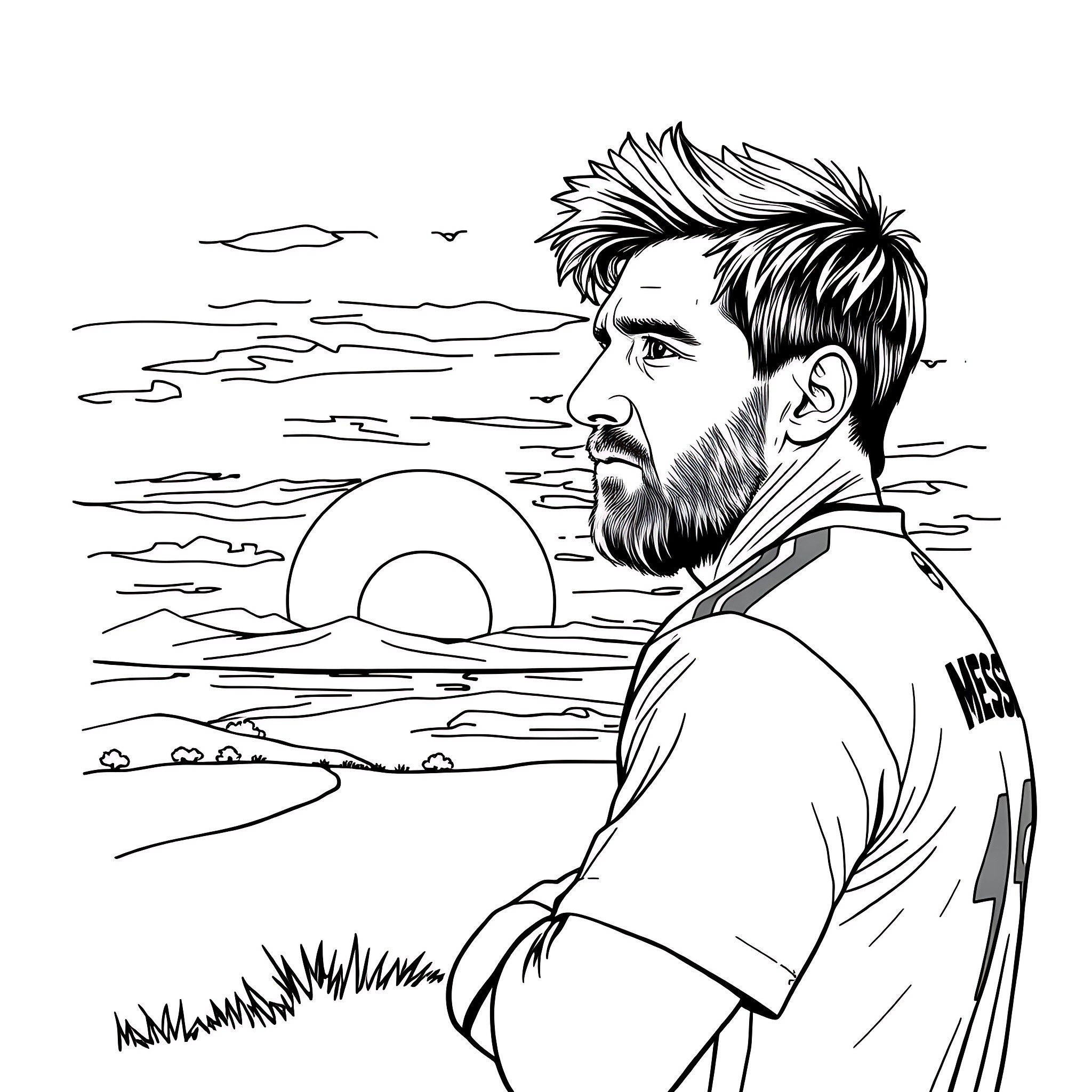 Lionel Messi looking contemplative at sunset Coloring Page (free black-and-white line drawing printable PDF for all, from beginners to advanced learners, including children, teens, adults, and seniors)