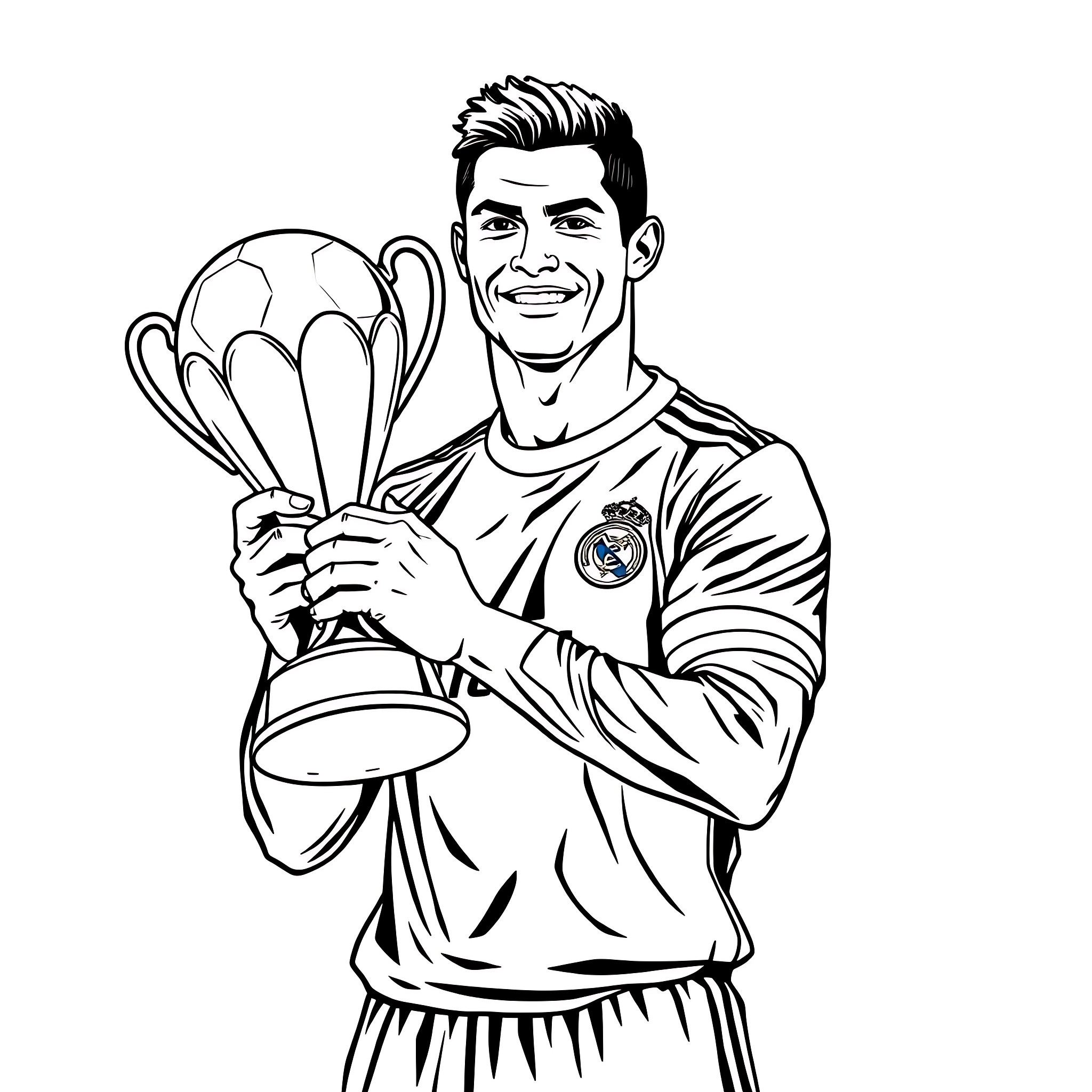 Cristiano Ronaldo holding a trophy in victory Coloring Page (free black-and-white line drawing printable PDF for all, from beginners to advanced learners, including children, teens, adults, and seniors)
