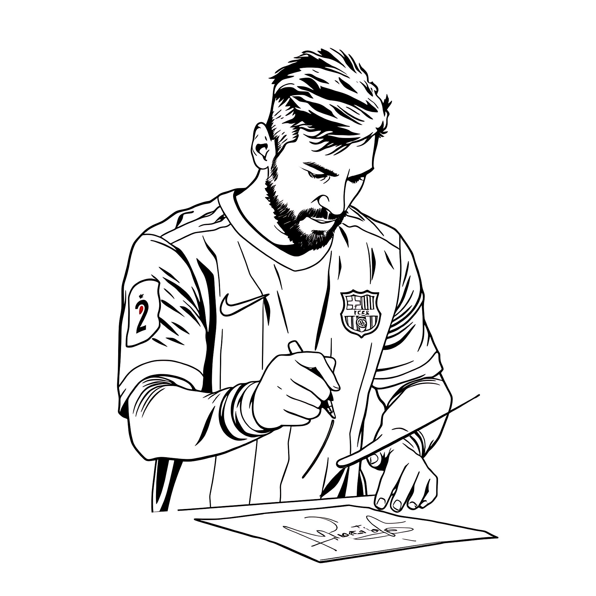 Lionel Messi signing autographs for fans Coloring Page (free black-and-white line drawing printable PDF for all, from beginners to advanced learners, including children, teens, adults, and seniors)