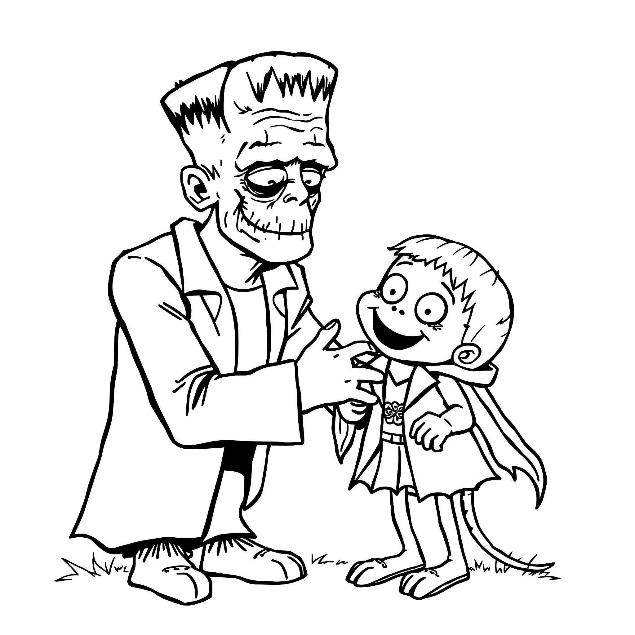 Frankenstein's Monster and his little friend Coloring Page (free black-and-white line drawing printable PDF for all, from beginners to advanced learners, including children, teens, adults, and seniors)