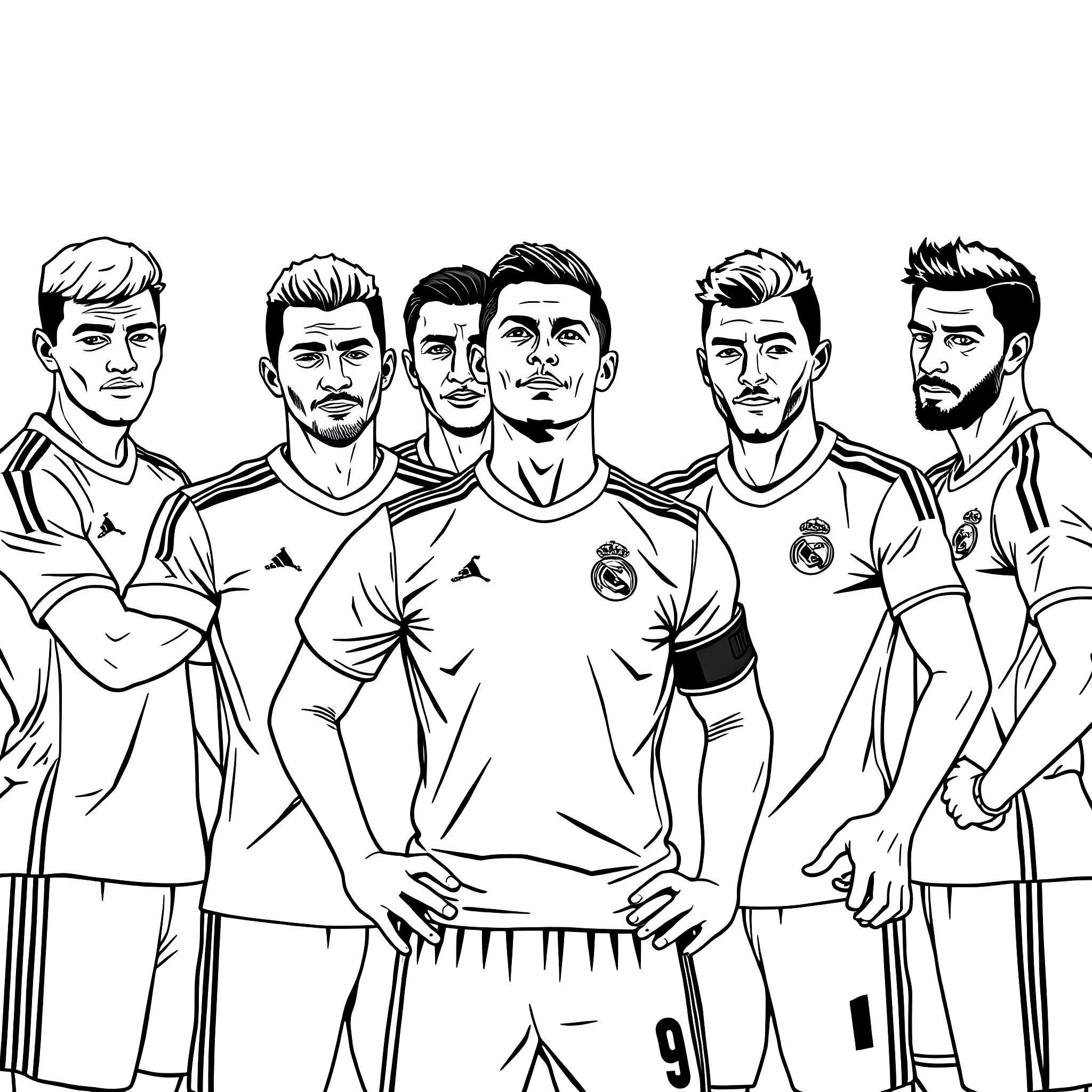 Cristiano Ronaldo and the Real Madrid Football Team in Action Coloring Page (free black-and-white line drawing printable PDF for all, from beginners to advanced learners, including children, teens, adults, and seniors)