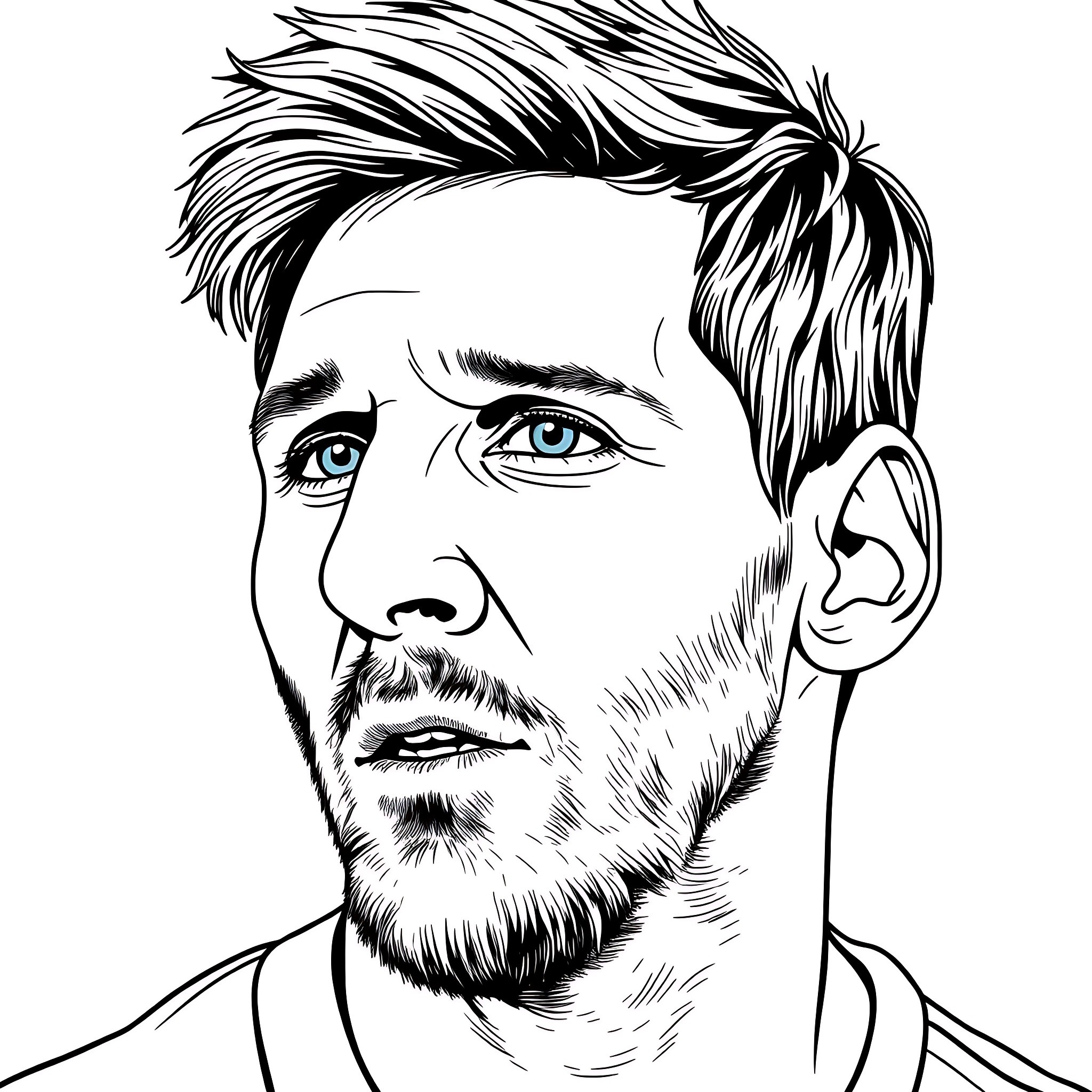 Lionel Messi in a thoughtful expression Coloring Page (free black-and-white line drawing printable PDF for all, from beginners to advanced learners, including children, teens, adults, and seniors)
