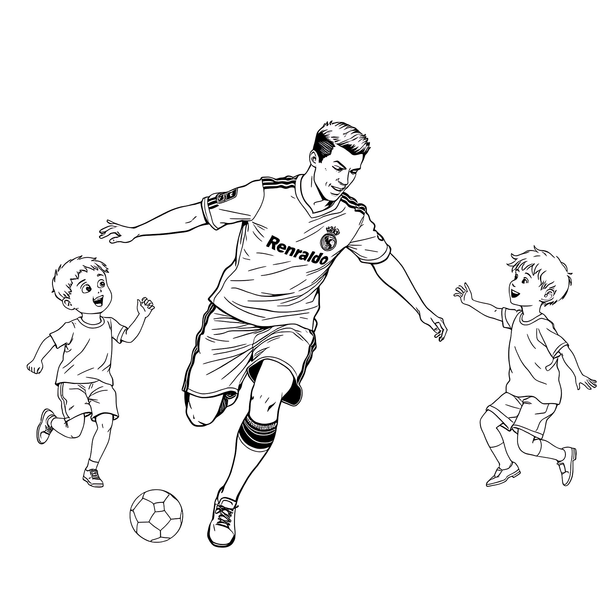 Cristiano Ronaldo playing football with young boys Coloring Page (free black-and-white line drawing printable PDF for all, from beginners to advanced learners, including children, teens, adults, and seniors)