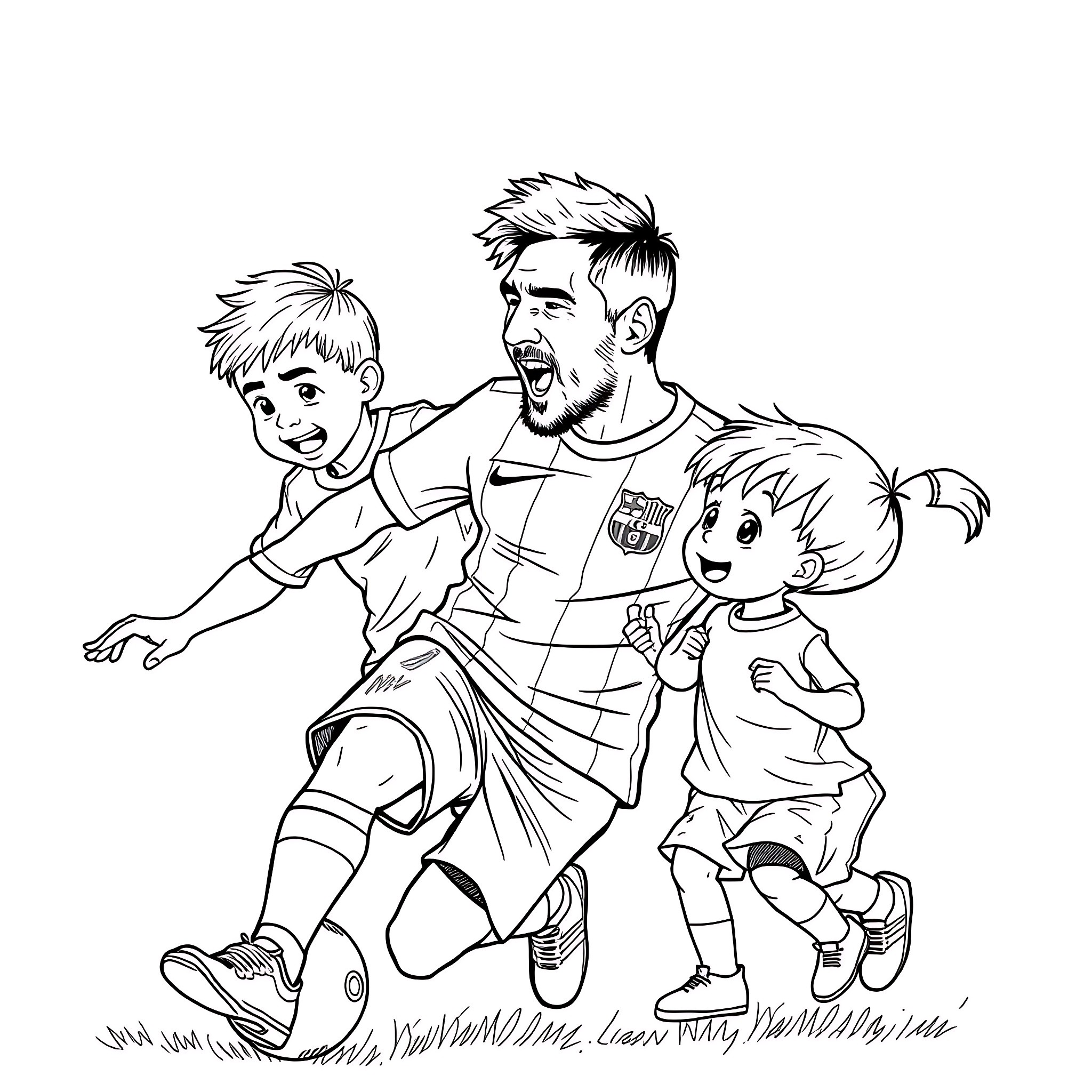 Lionel Messi playing with children on a field Coloring Page (free black-and-white line drawing printable PDF for all, from beginners to advanced learners, including children, teens, adults, and seniors)
