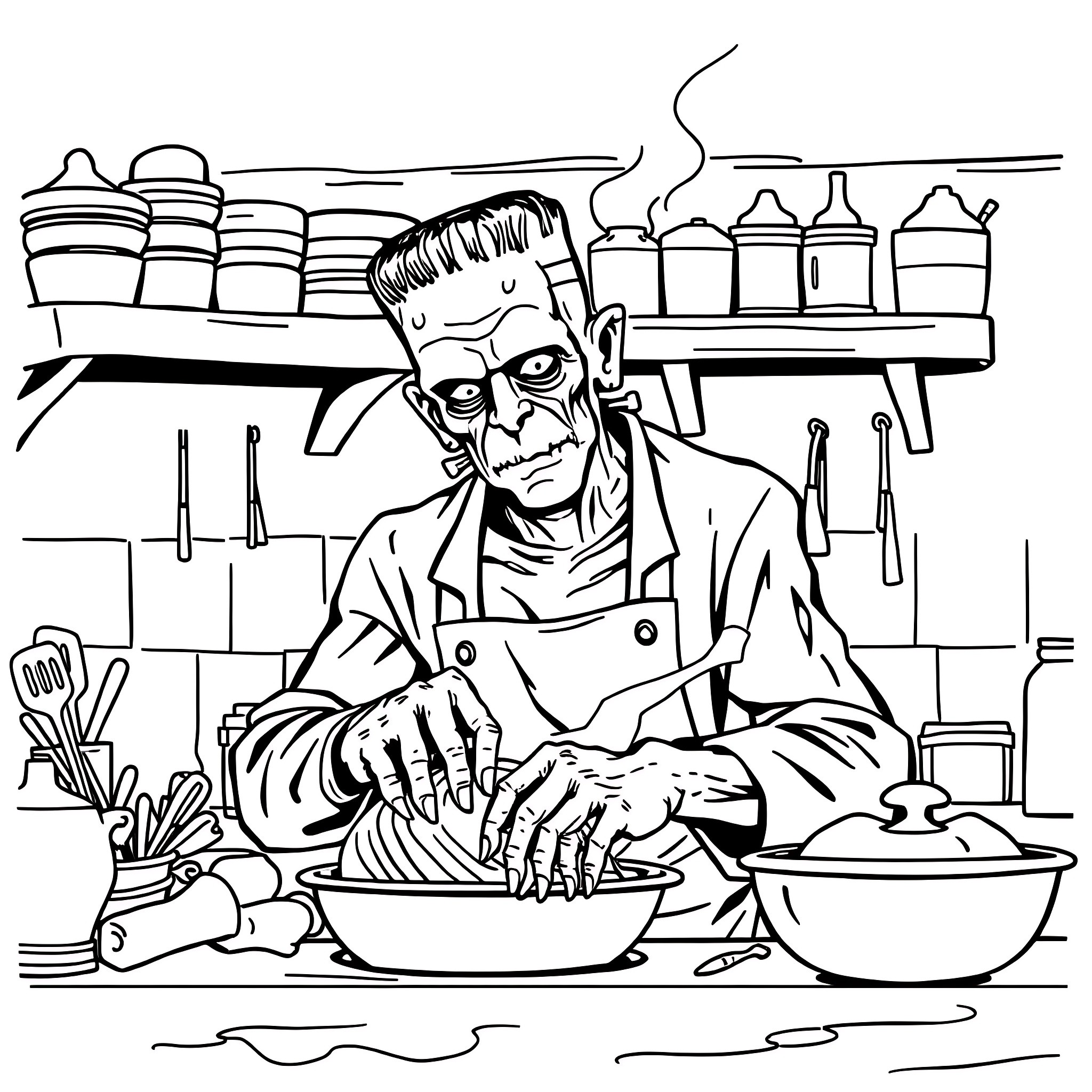 Frankenstein's Monster Cooking in the Laboratory Coloring Page (free black-and-white line drawing printable PDF for all, from beginners to advanced learners, including children, teens, adults, and seniors)