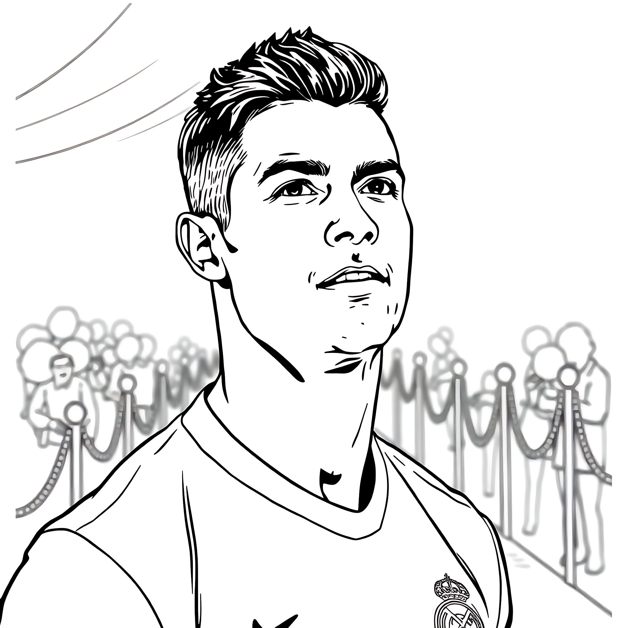 Cristiano Ronaldo in a pensive moment Coloring Page (free black-and-white line drawing printable PDF for all, from beginners to advanced learners, including children, teens, adults, and seniors)