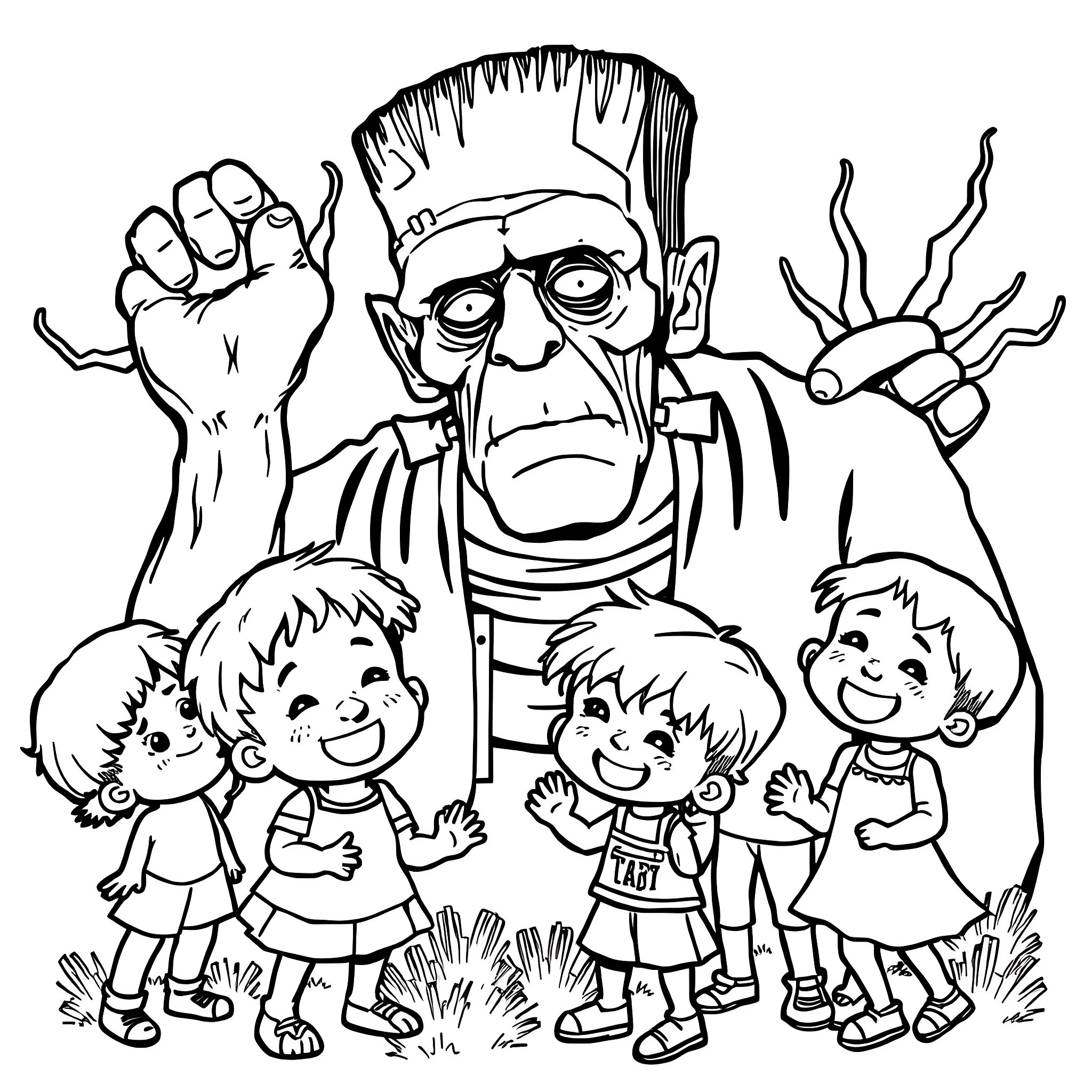 Frankenstein's Monster Surrounded by Frightened Children Coloring Page (free black-and-white line drawing printable PDF for all, from beginners to advanced learners, including children, teens, adults, and seniors)