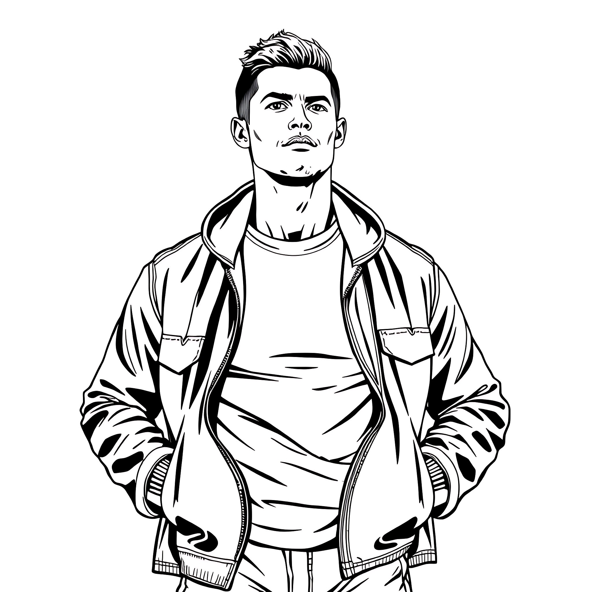 Cristiano Ronaldo in a Casual Outfit Coloring Page (free black-and-white line drawing printable PDF for all, from beginners to advanced learners, including children, teens, adults, and seniors)