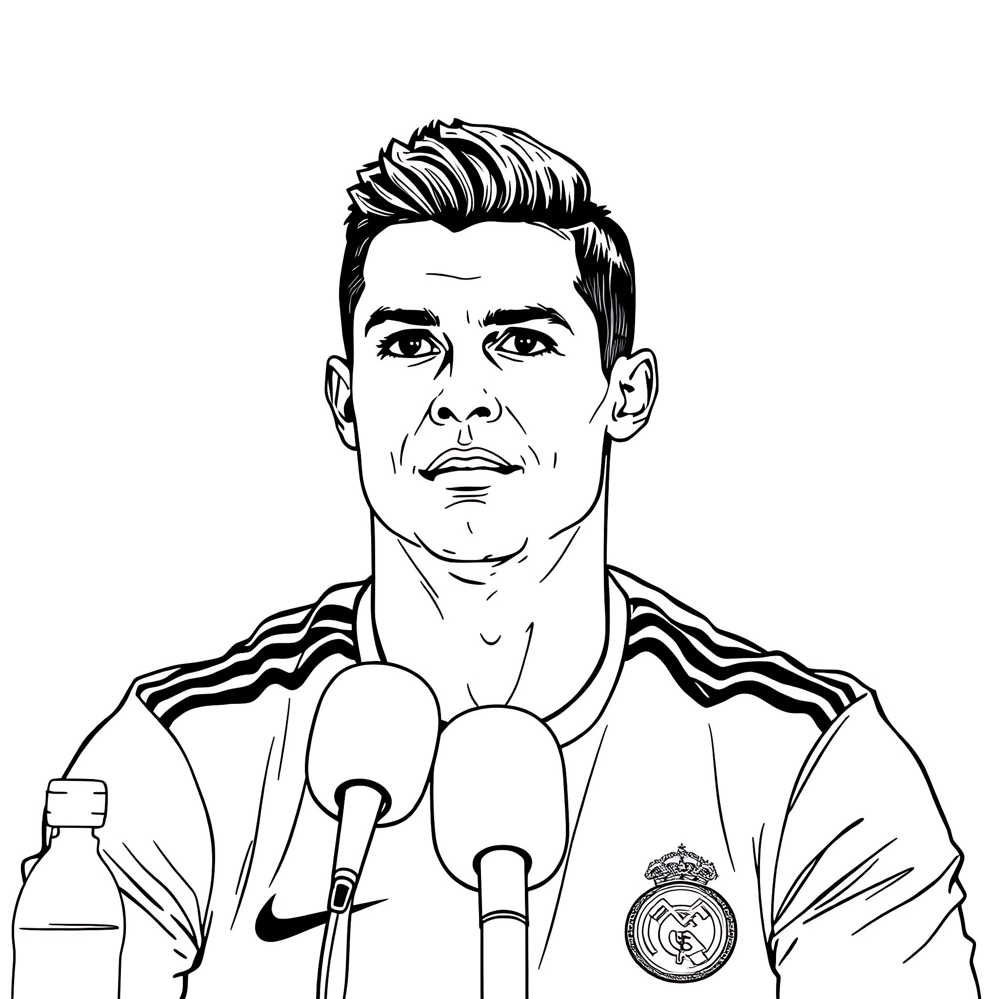 Cristiano Ronaldo in sports uniform with microphones Coloring Page (free black-and-white line drawing printable PDF for all, from beginners to advanced learners, including children, teens, adults, and seniors)