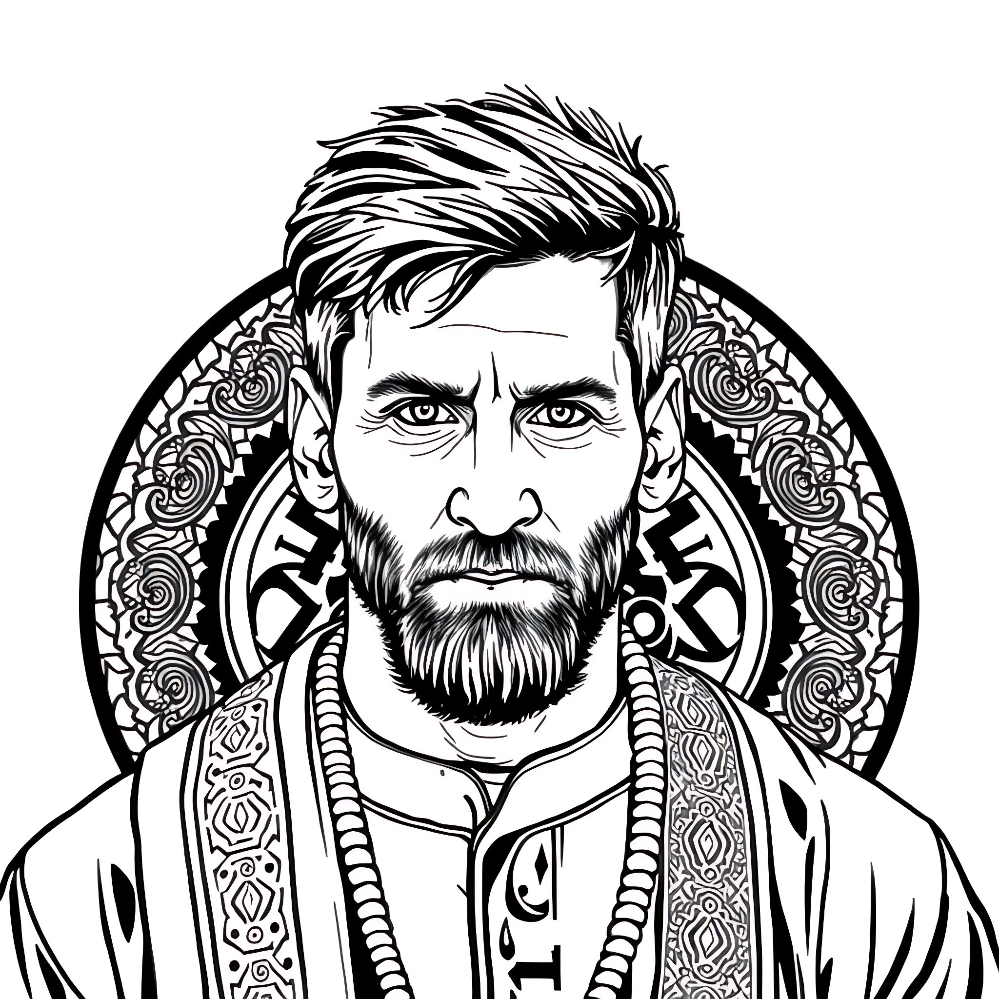 Lionel Messi in Ornate Traditional Attire Coloring Page (free black-and-white line drawing printable PDF for all, from beginners to advanced learners, including children, teens, adults, and seniors)