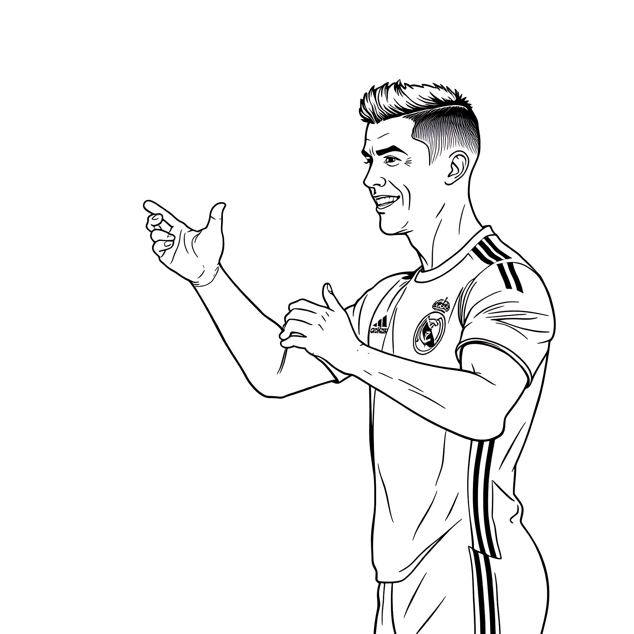 Cristiano Ronaldo celebrating triumphantly on the field Coloring Page (free black-and-white line drawing printable PDF for all, from beginners to advanced learners, including children, teens, adults, and seniors)