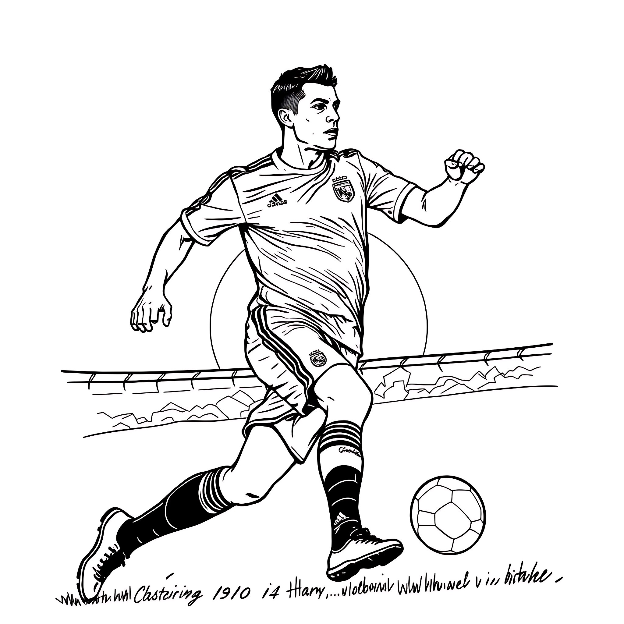 Cristiano Ronaldo playing soccer with determination Coloring Page (free black-and-white line drawing printable PDF for all, from beginners to advanced learners, including children, teens, adults, and seniors)