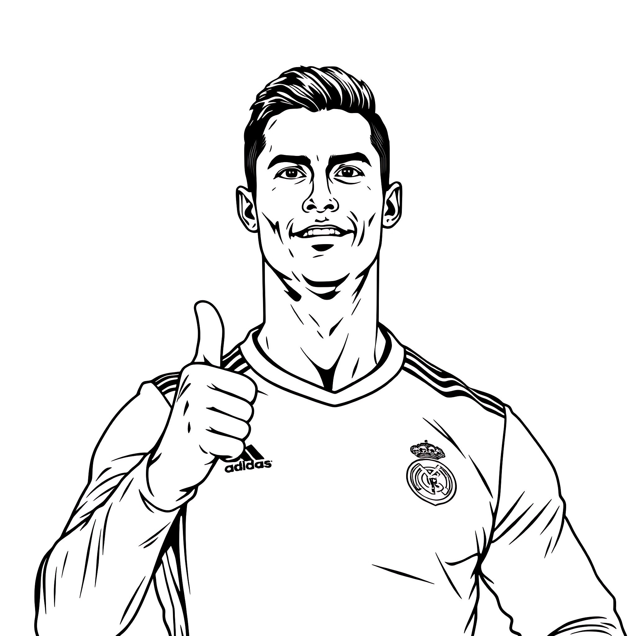 Cristiano Ronaldo giving a thumbs up in his Real Madrid jersey Coloring Page (free black-and-white line drawing printable PDF for all, from beginners to advanced learners, including children, teens, adults, and seniors)