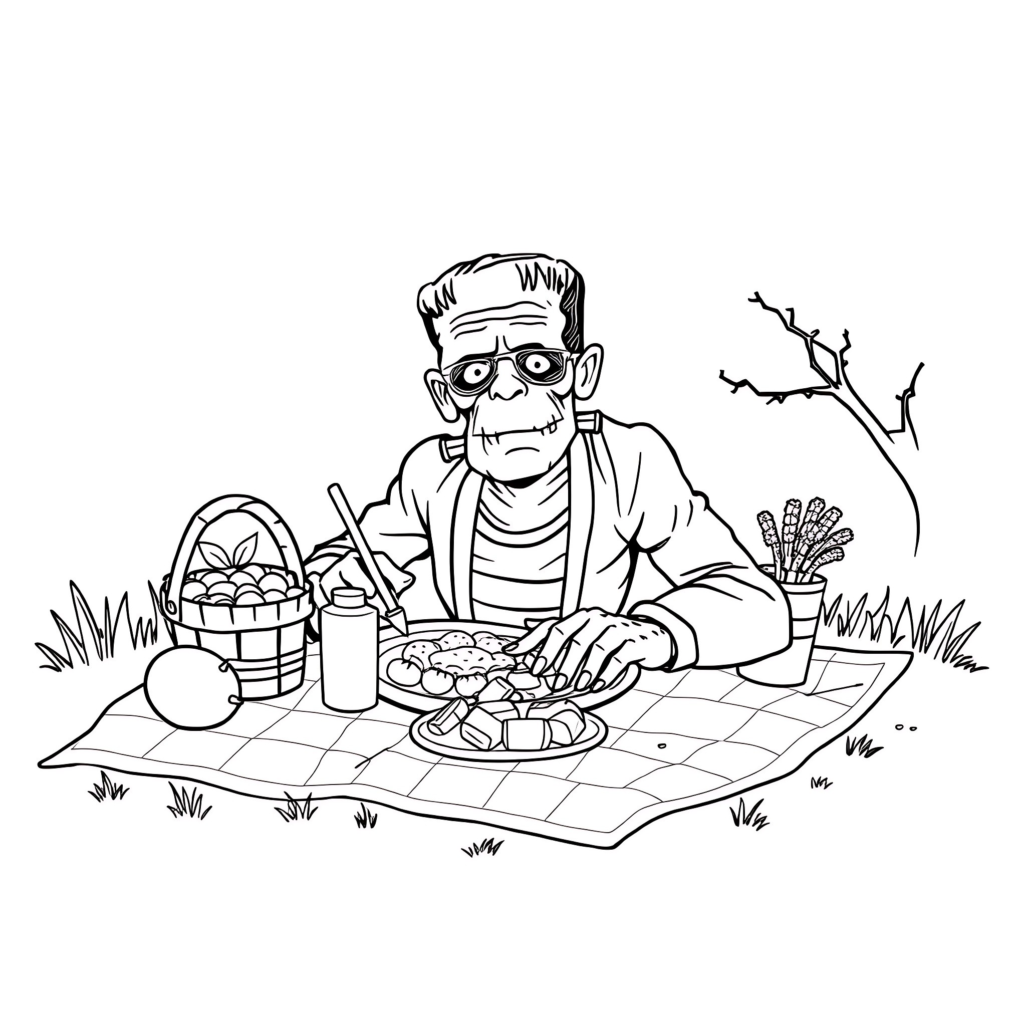 Frankenstein's Monster enjoying a picnic in the park Coloring Page (free black-and-white line drawing printable PDF for all, from beginners to advanced learners, including children, teens, adults, and seniors)