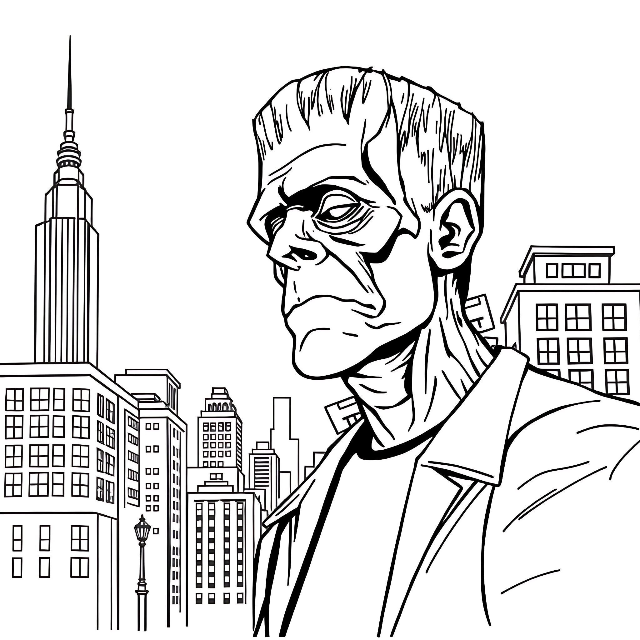 Frankenstein's Monster Overlooking the Cityscape Coloring Page (free black-and-white line drawing printable PDF for all, from beginners to advanced learners, including children, teens, adults, and seniors)