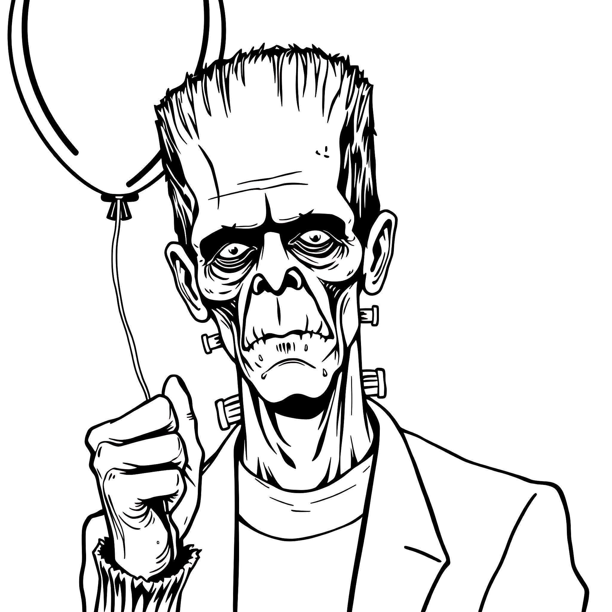 Frankenstein's Monster holding a large screw in a laboratory Coloring Page (free black-and-white line drawing printable PDF for all, from beginners to advanced learners, including children, teens, adults, and seniors)